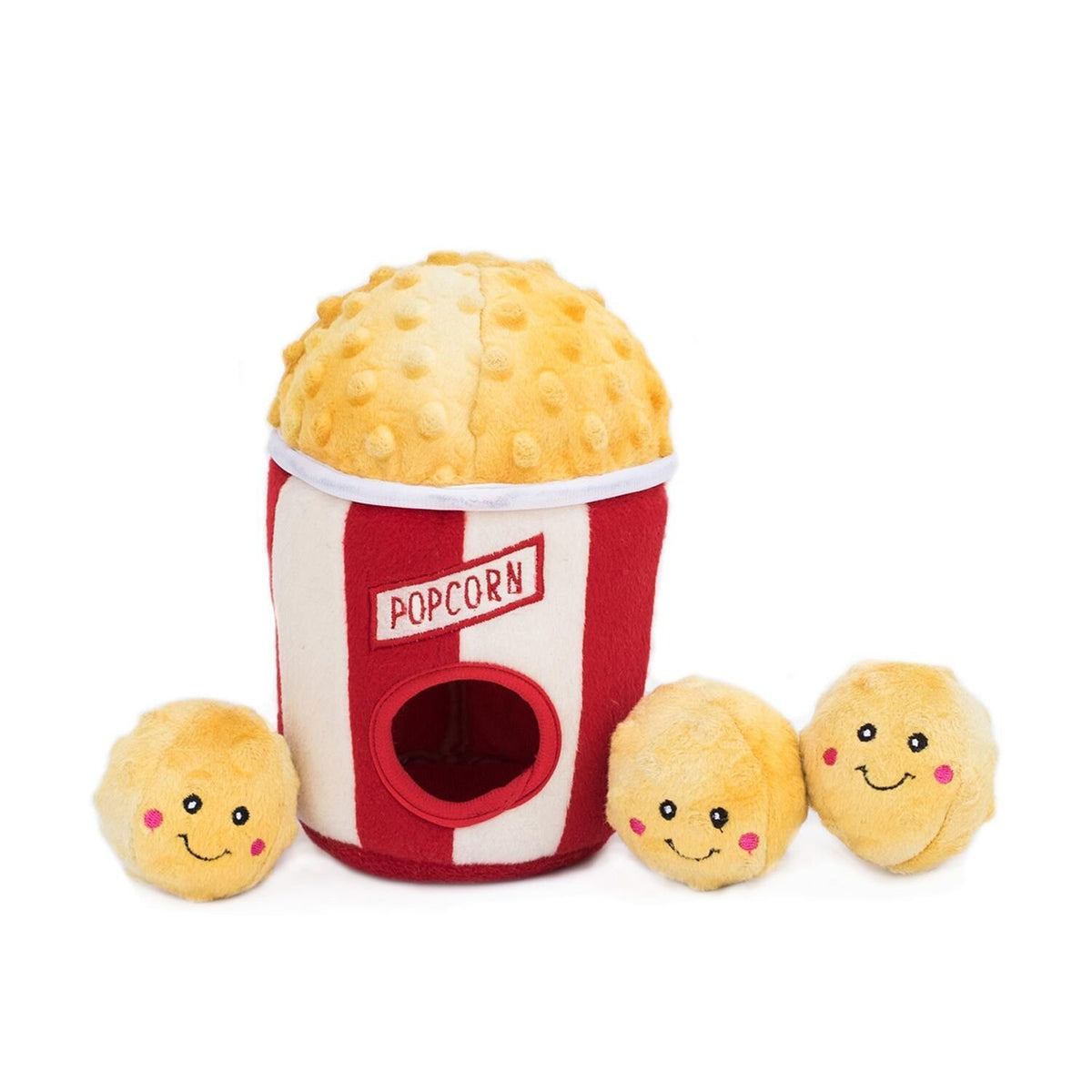 ZippyPaws Burrow montre le duo popcorn et seau interactif stimulant la curiosité du chien.