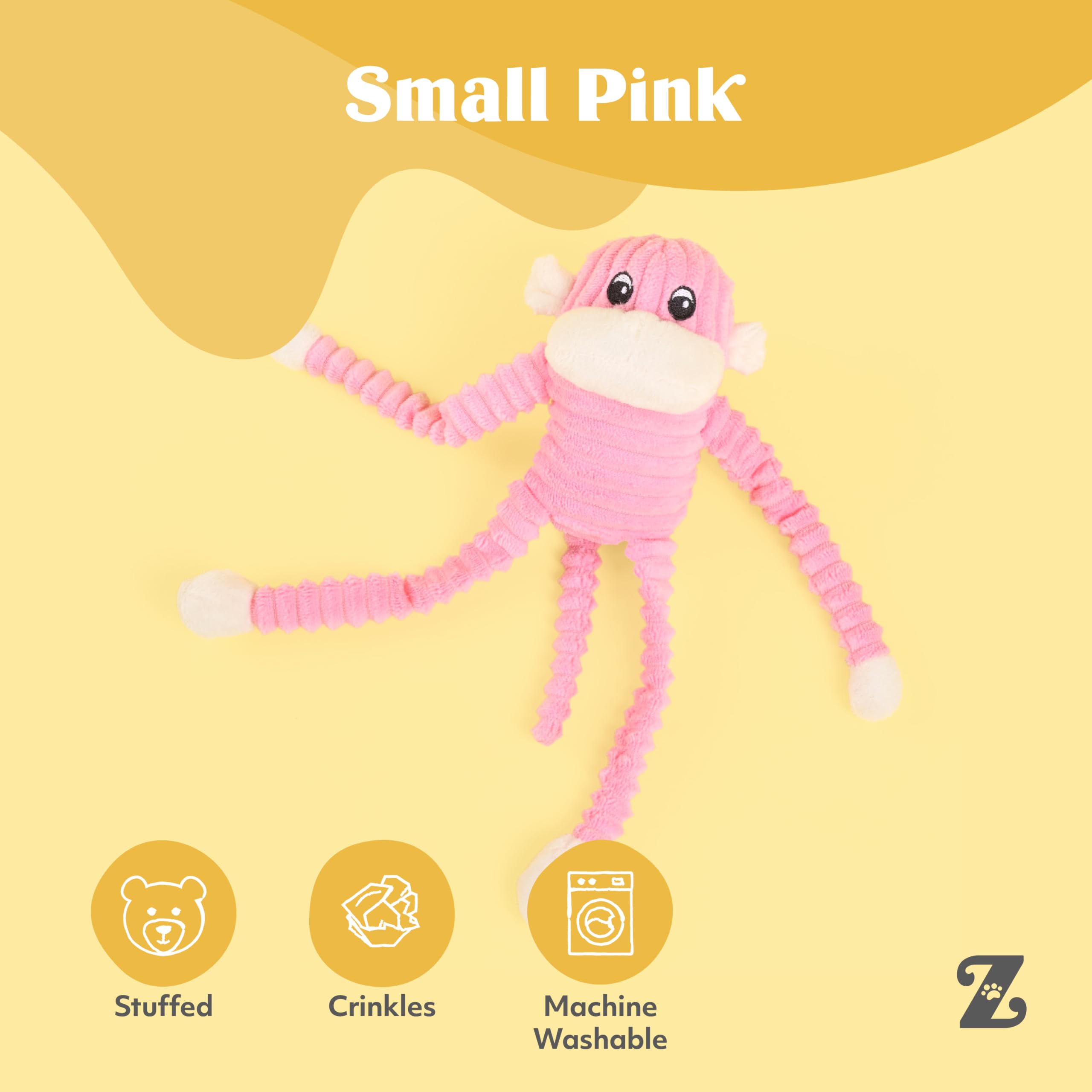 ZippyPaws Crinkle Monkey matière douce, idéal pour petits et moyens chiens.