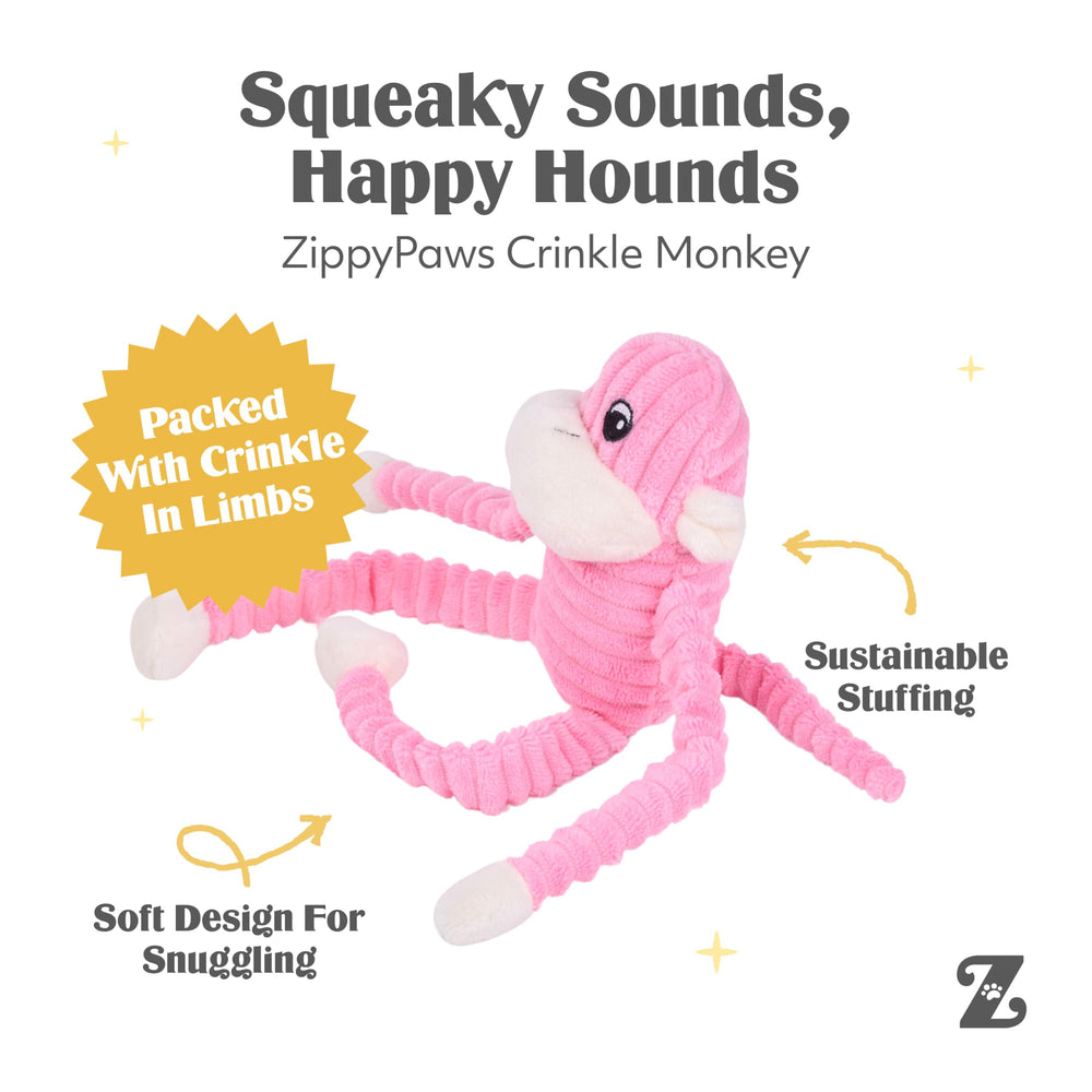 ZippyPaws Crinkle Monkey jouet avec sifflet rond, bruit engageant pour chien.