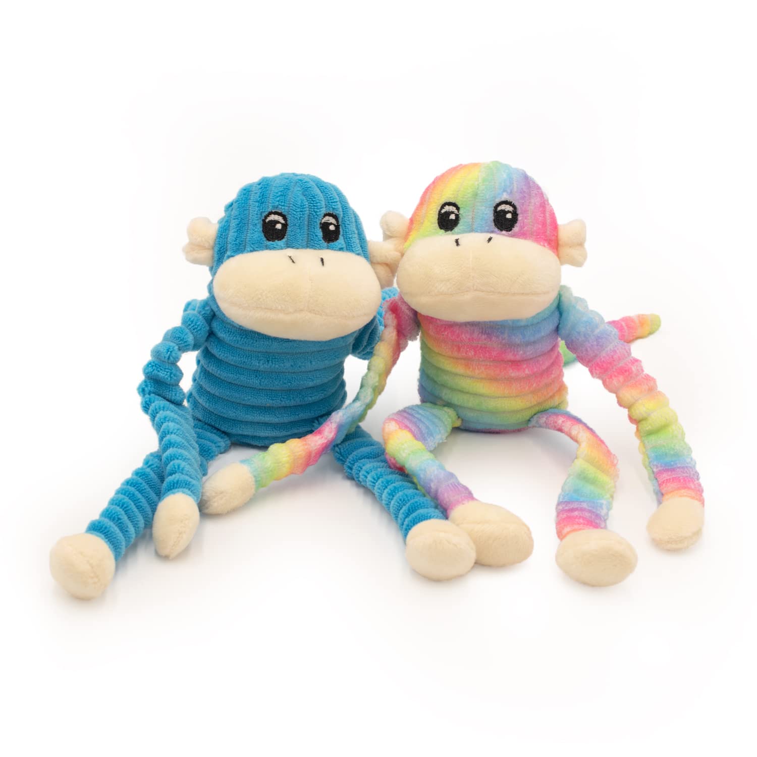 ZippyPaws Crinkle Monkey arc-en-ciel bleu, jouet interactif pour chiens.