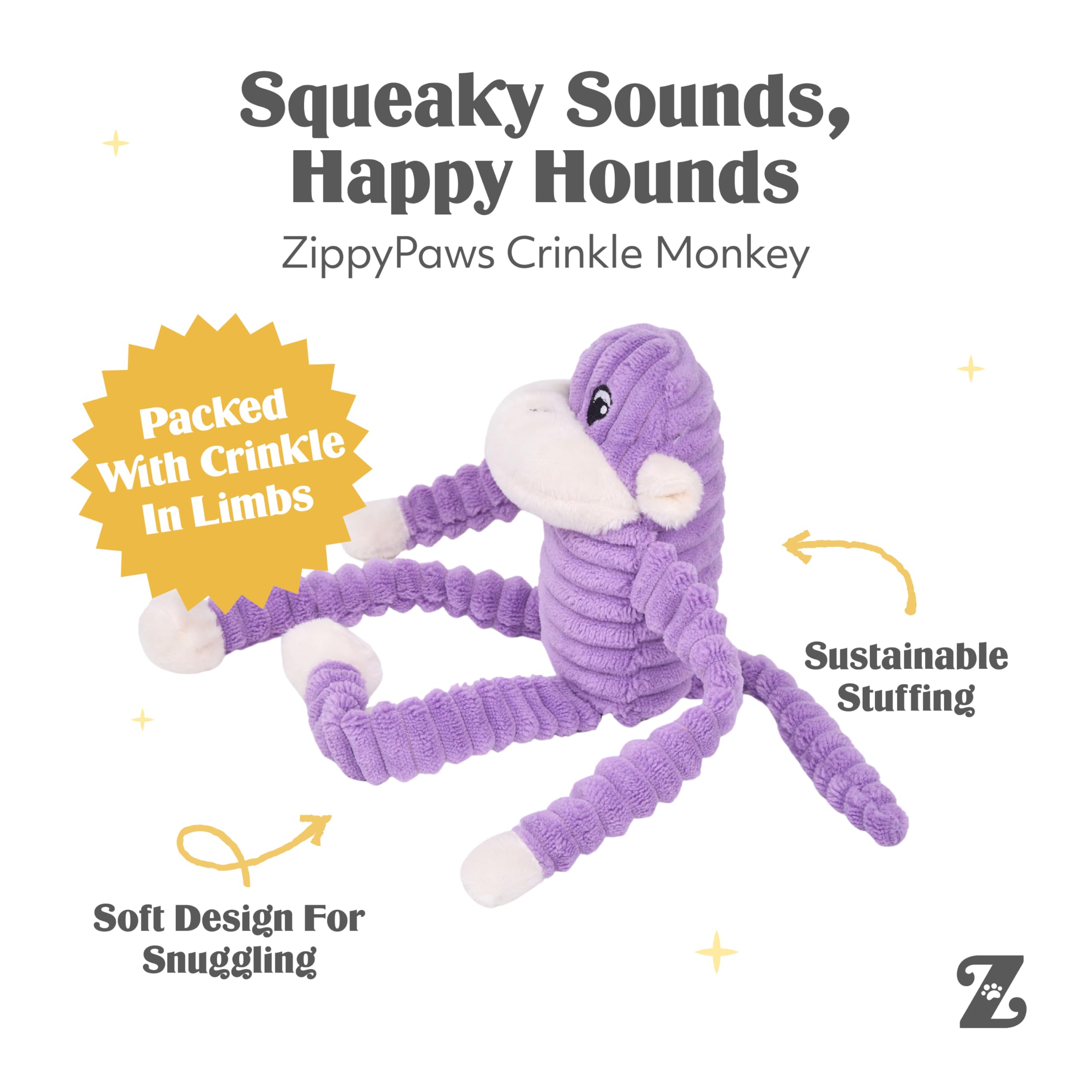 ZippyPaws Crinkle Monkey texture rayee, surface intéressante pour mordiller en douceur