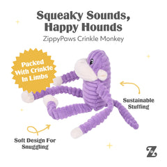 ZippyPaws Crinkle Monkey texture rayee, surface intéressante pour mordiller en douceur