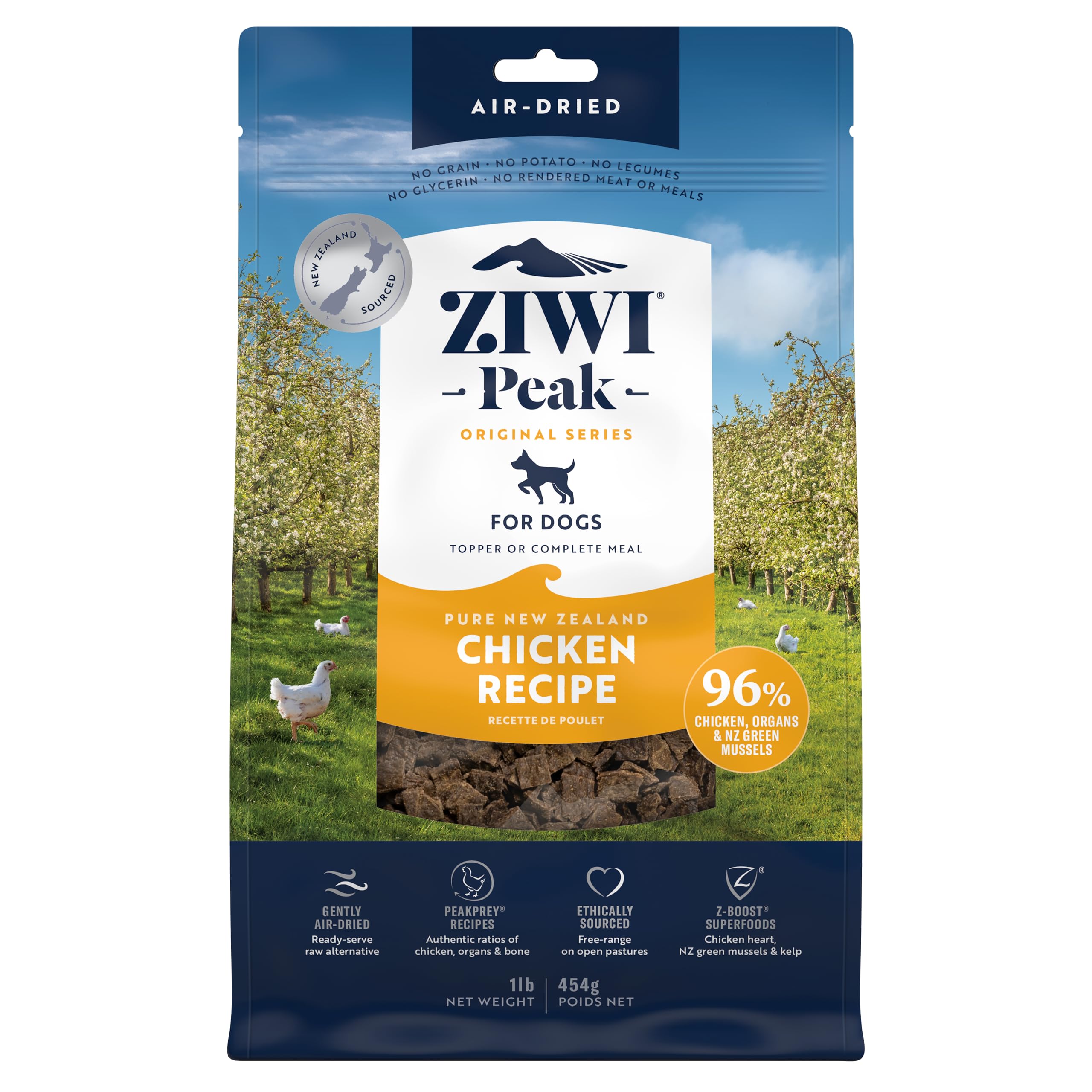 Sachet Ziwi Peak poulet, repas sec pour chien actif, pratique et nutritif.