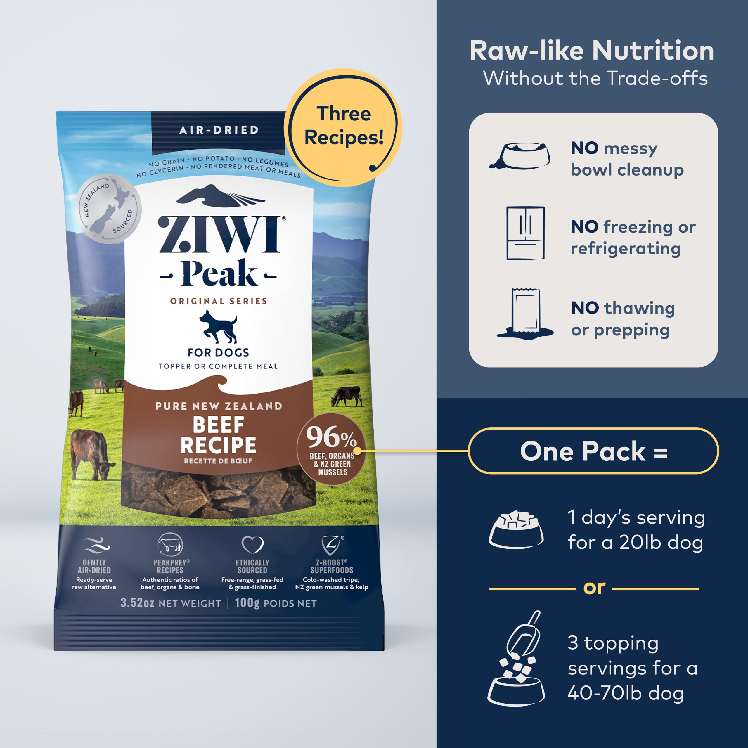 ZIWI Peak boeuf, sachet de 3,5 onces, portion pratique pour repas et friandises.