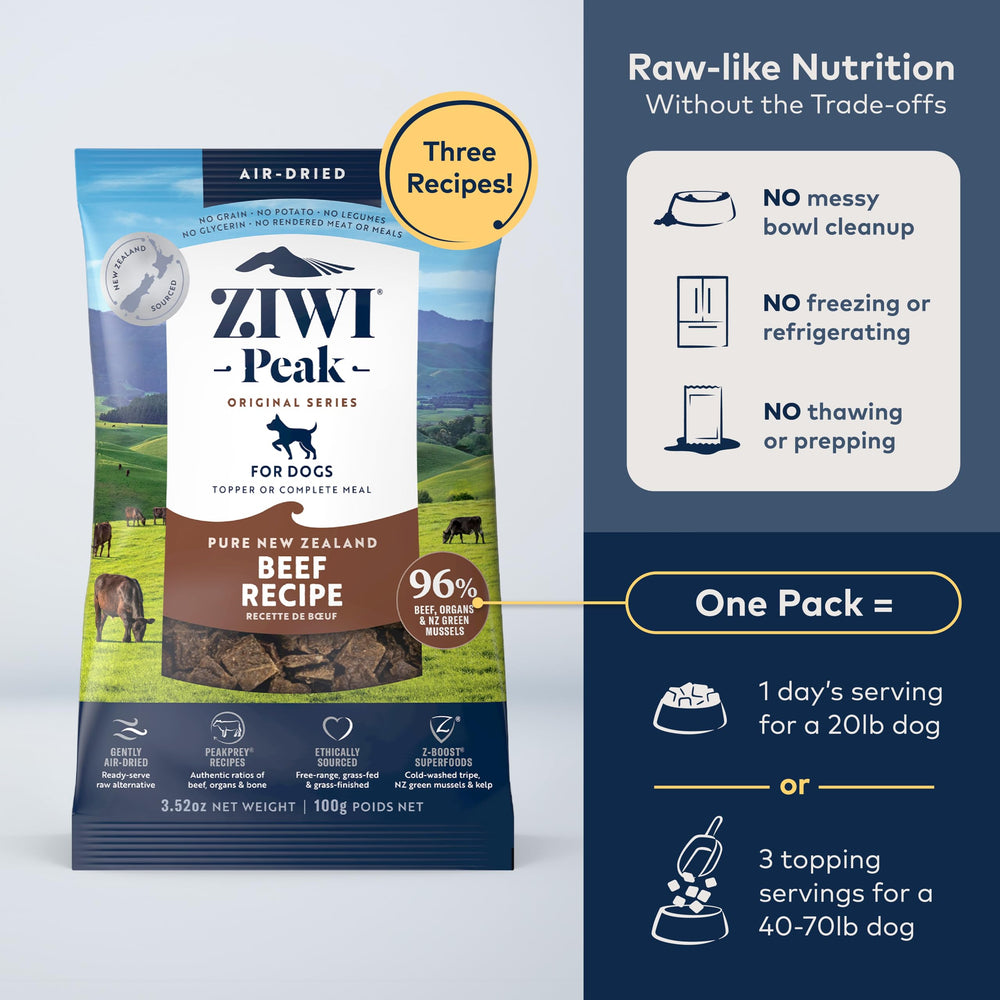 ZIWI Peak boeuf, sachet de 3,5 onces, portion pratique pour repas et friandises.