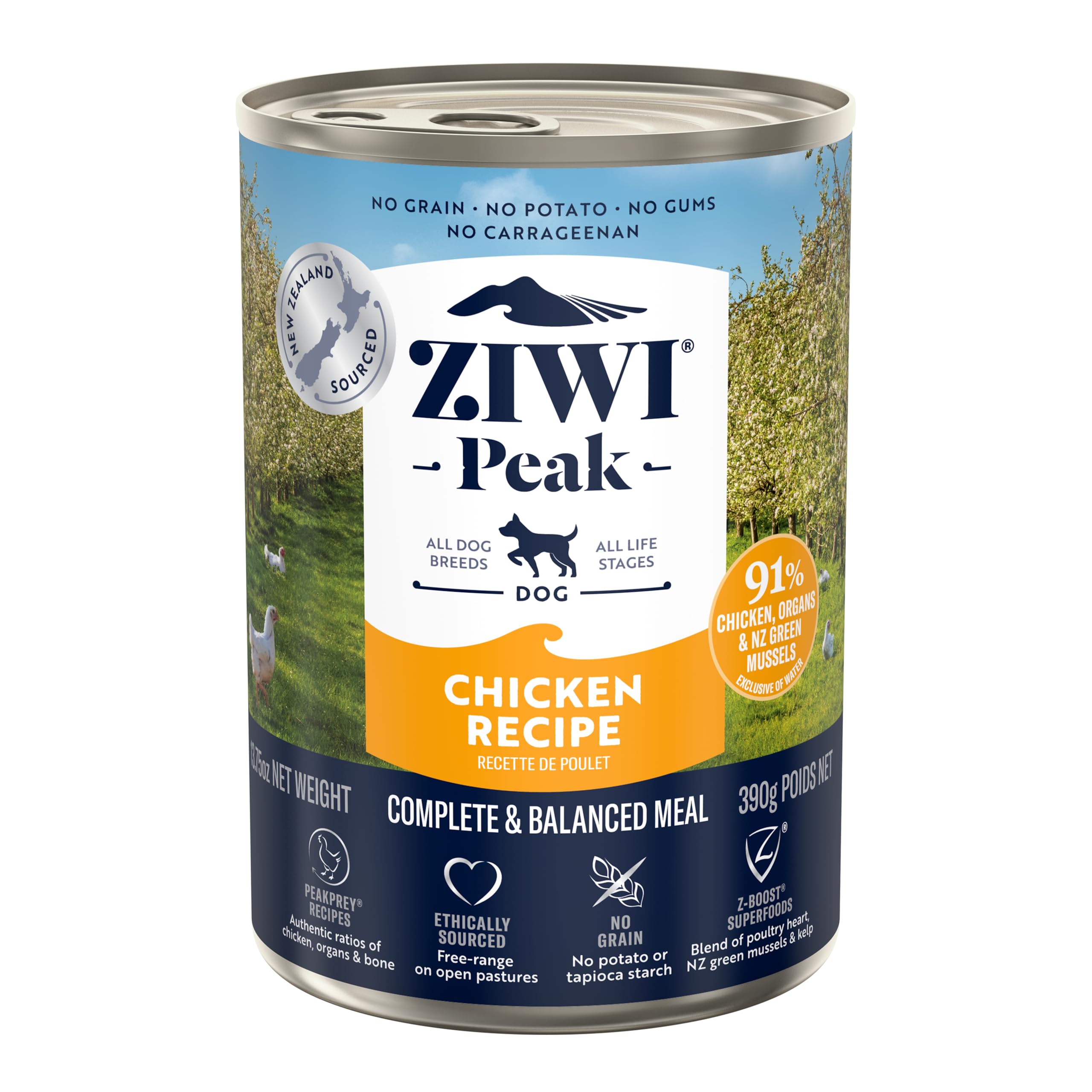 ZIWI Peak conteneur poulet, repas humide riche en protéines pour chiens.