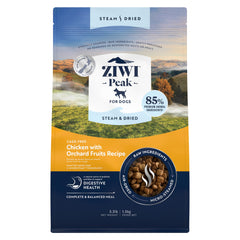 ZIWI Peak Steam & Dried – emballage poulet libre de cage et fruits, nutrition complète.