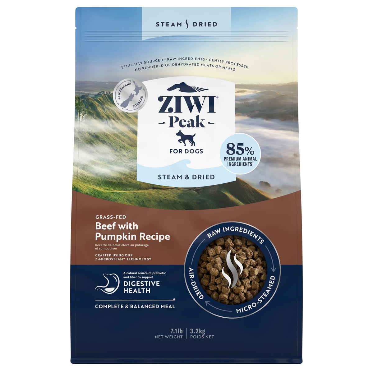 ZIWI Peak Steam & Dry Boeuf Citrouille: sac visible, nourriture riche en protéines.