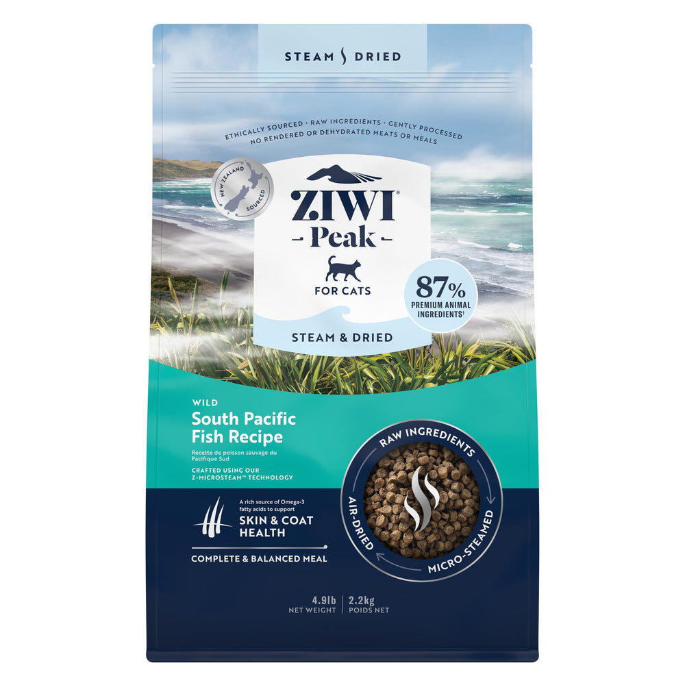 ZIWI Peak Steam & Dry Chat visible avec bouchées appétissantes et promesse de haute protéine.