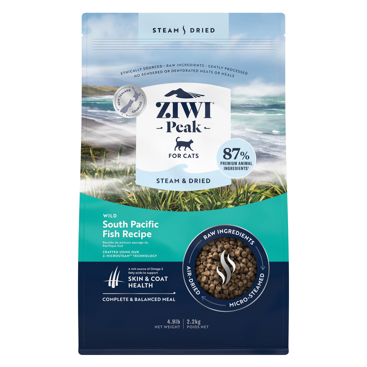 ZIWI Peak Steam & Dry Chat visible avec bouchées appétissantes et promesse de haute protéine.
