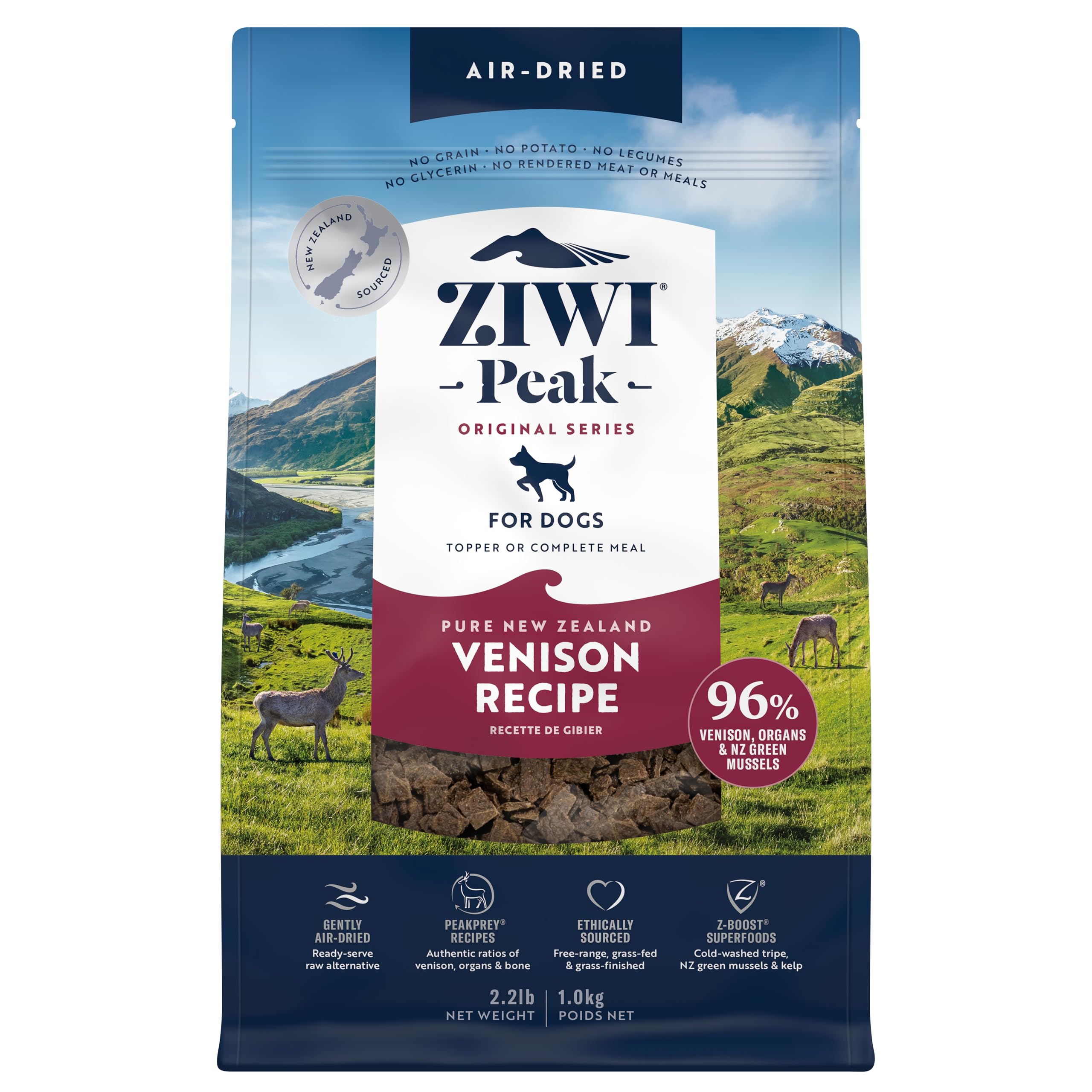 ZIWI Peak Venison, boîte-produit-ensemble: repas complet riche en protéines pour chien.