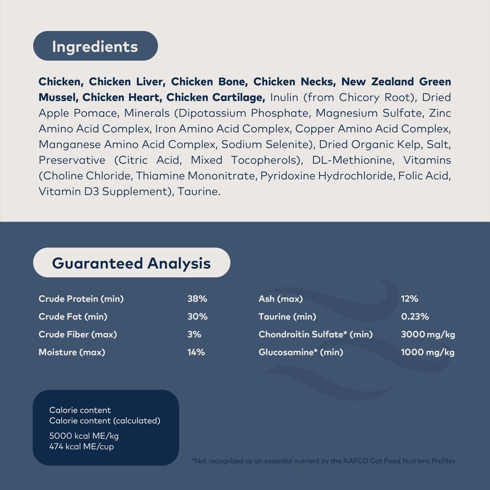 Ingrédients 96% poulet et moules dans Ziwi Peak pour chat.