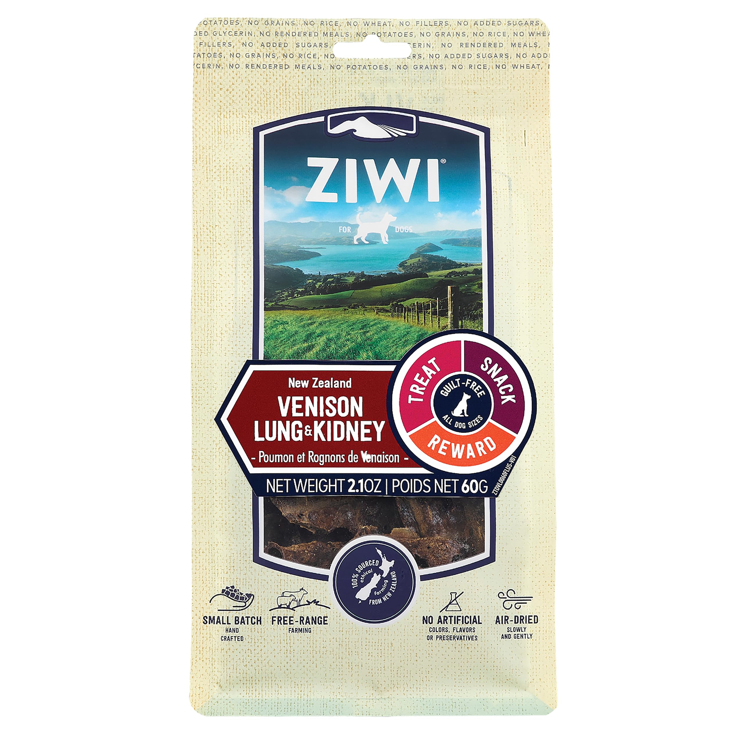 Friandises ZIWI poumons et rognons de cerf en paquet, récompense de valeur pour l'entraînement.