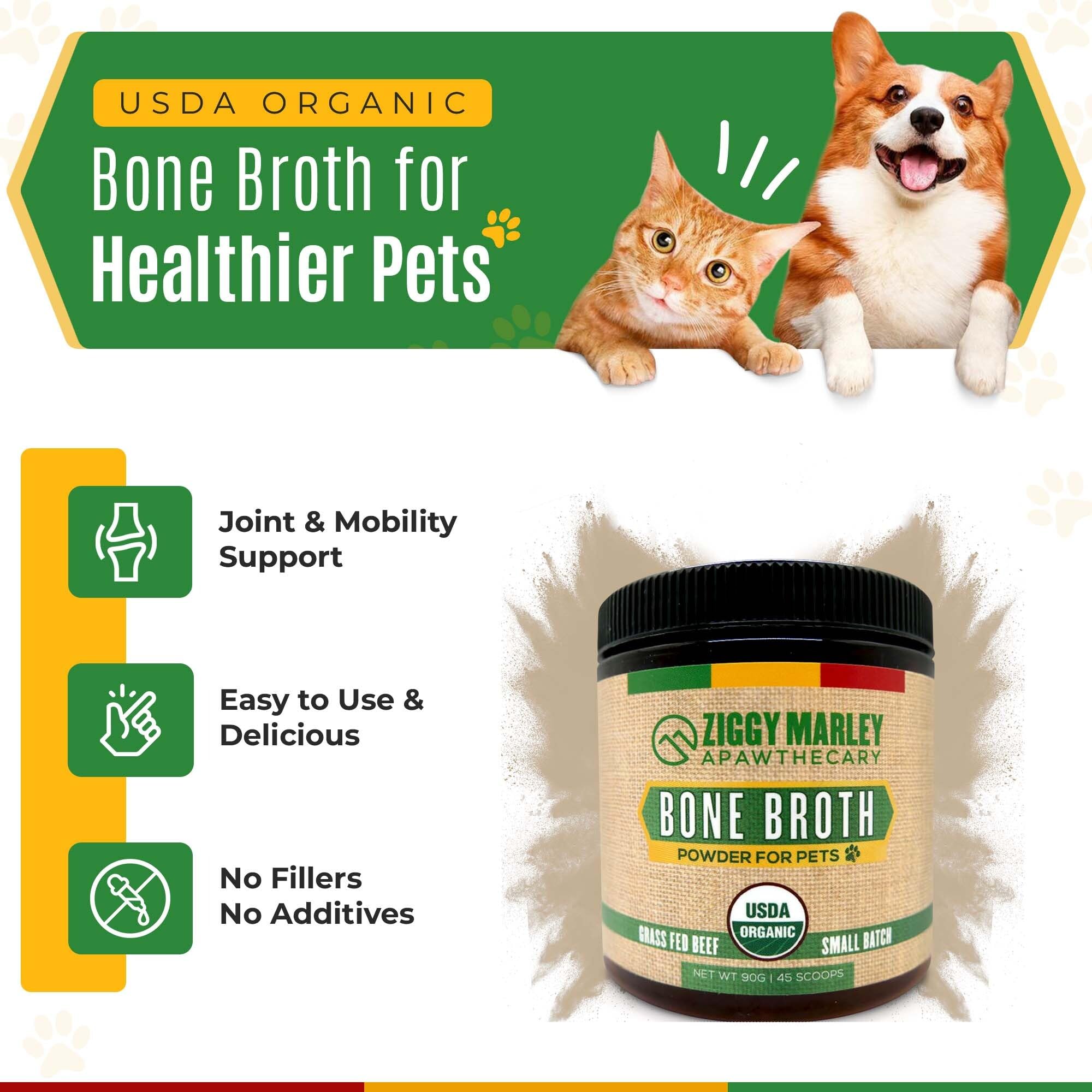 Poudre bouillon ZMA Pets Ziggy Marley, focus sur articulations et mobilité des animaux