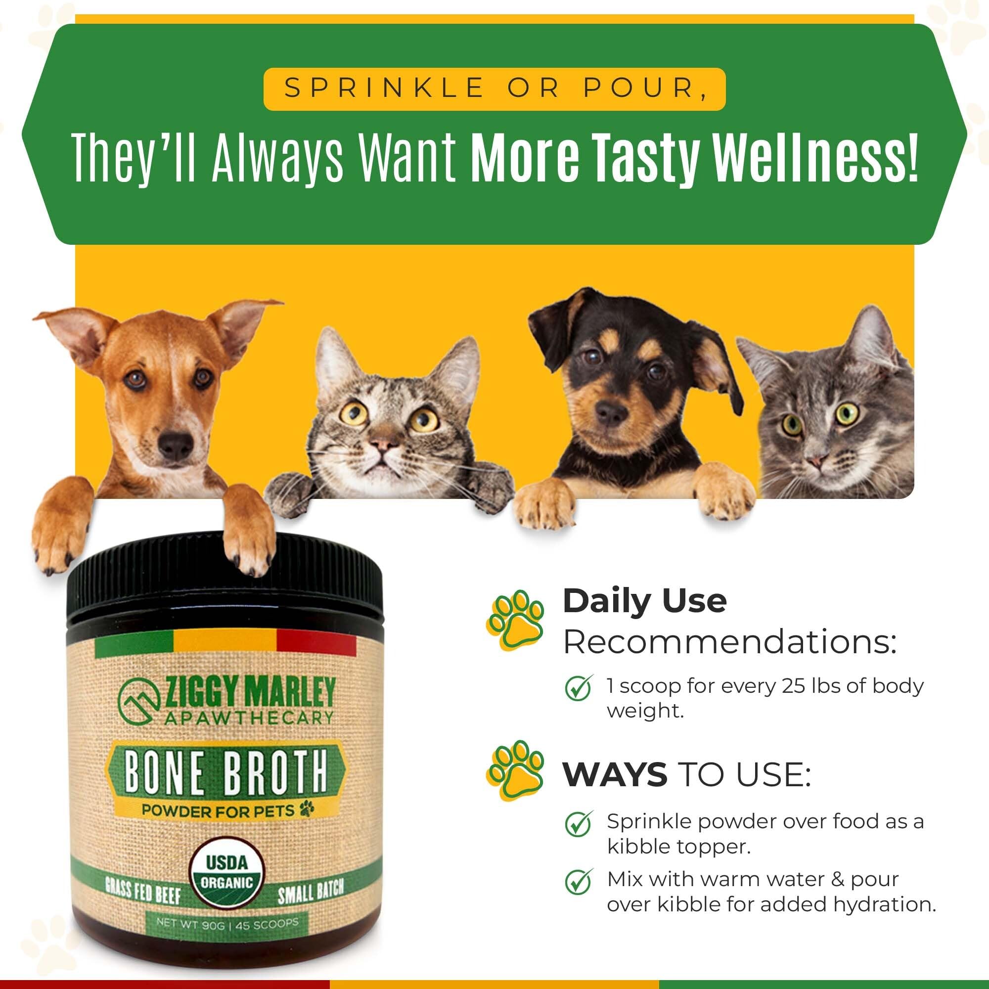 Bouillon sans additifs ZMA Pets Ziggy Marley, composition simple et naturelle pour animaux