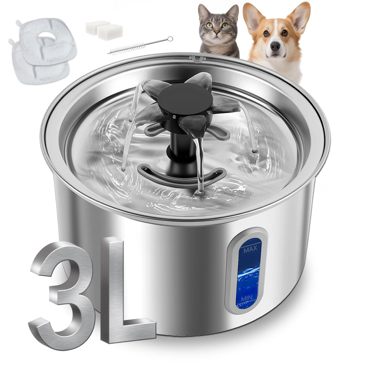 ZOESEEK fontaine d'eau pour chat 3L en inox, durable et sans BPA.