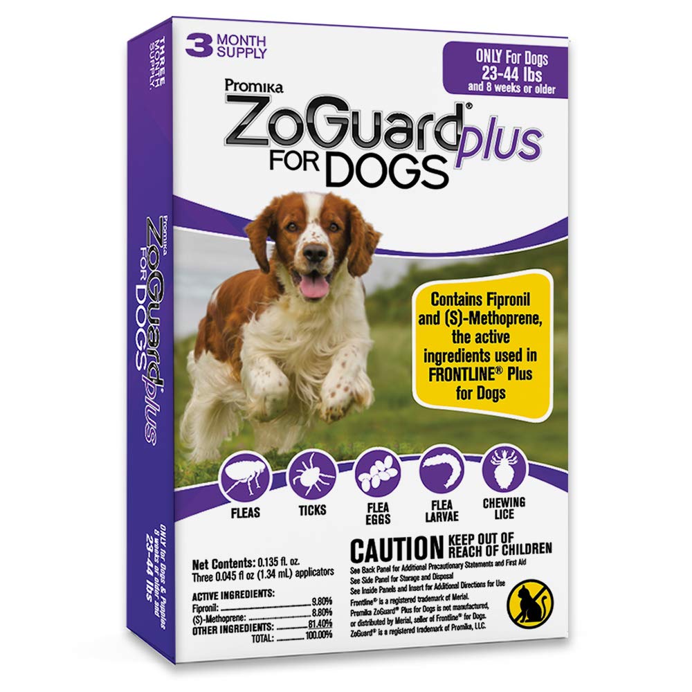 ZoGuard Plus sur le pelage d'un chien moyen, prévention puces et tiques possible.