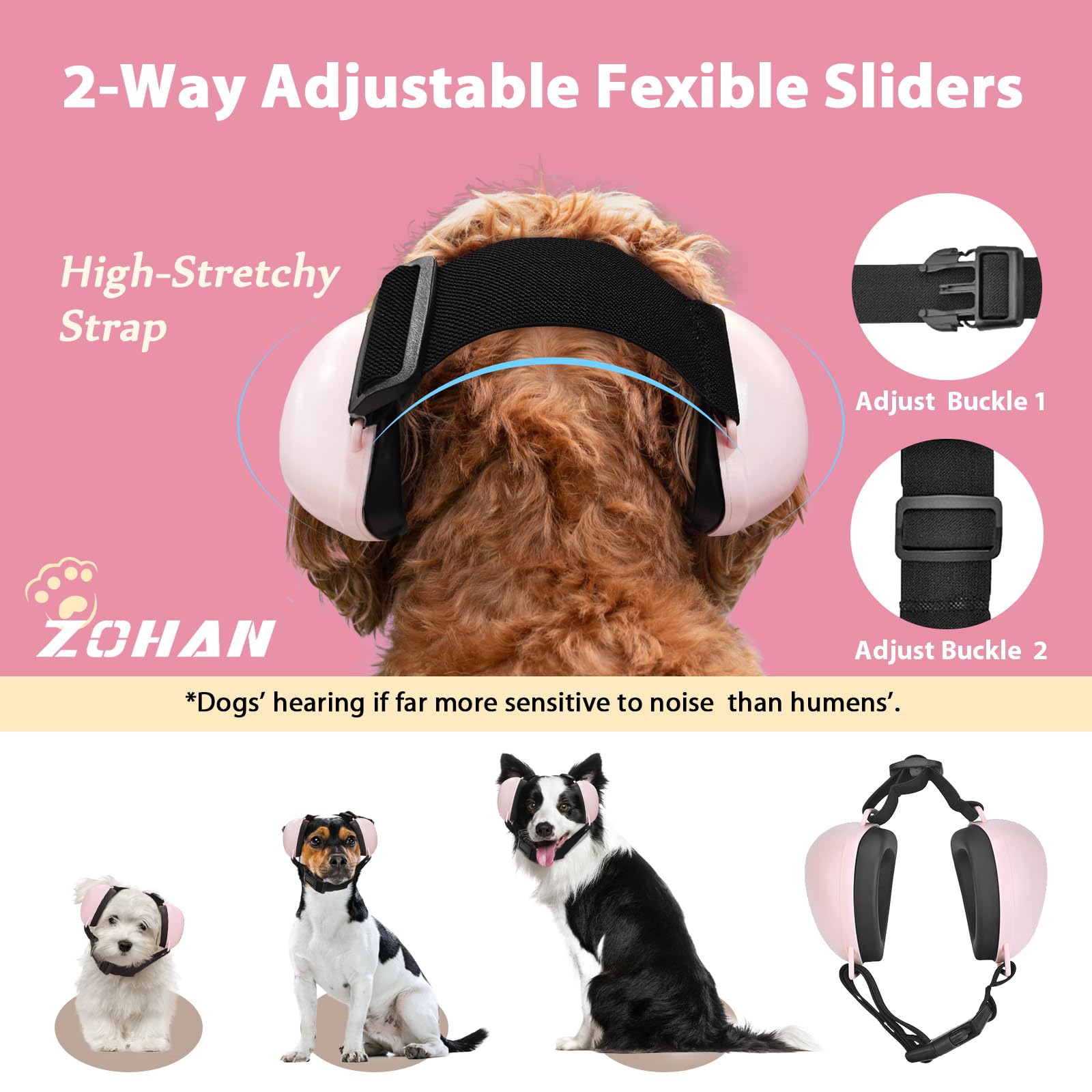 Tailles S, M et L des bouchons d'oreilles ZOHAN pour chien rose.