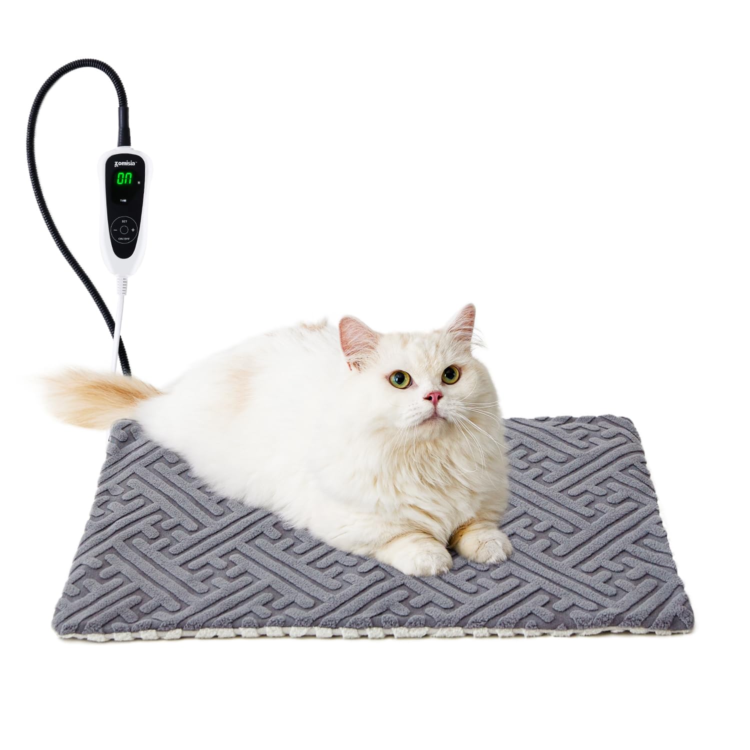 Tapis chauffant ZOMISIA pour chat, thermostat-centre, chaleur homogène et confortable.