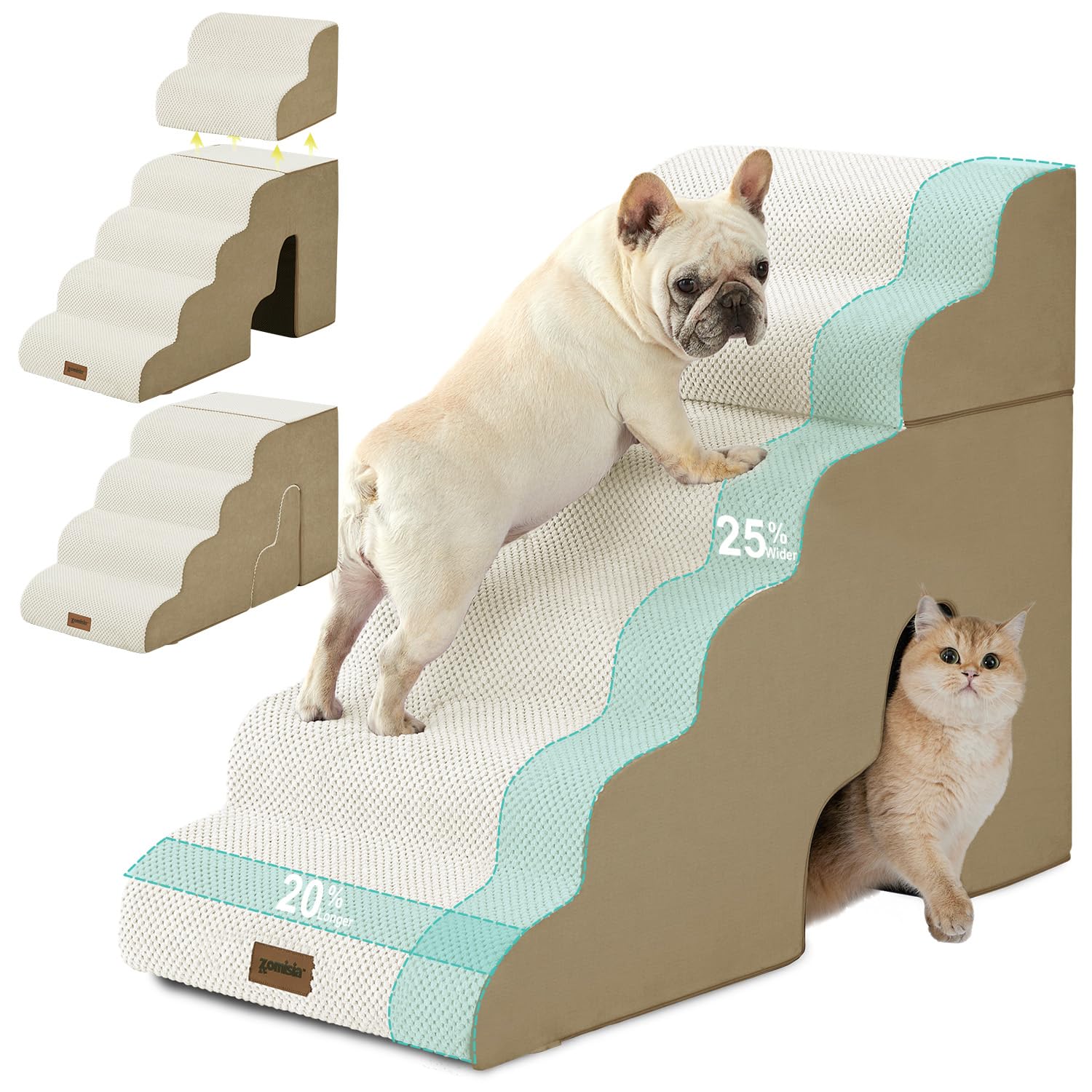 ZOMISIA Escaliers chien 6 étapes 29 pouces beige, facilitant l'accès au canapé.