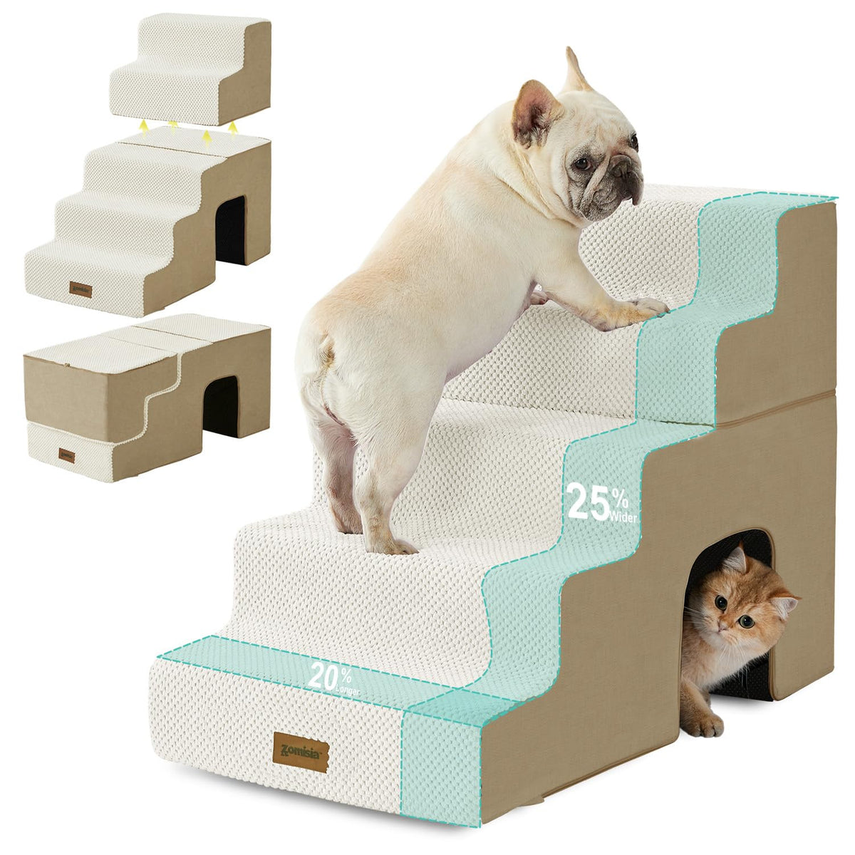 Escaliers ZOMISIA pour chats à cinq marches en beige facilitant l’accès au lit.