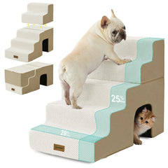 Escaliers ZOMISIA pour chats à cinq marches en beige facilitant l’accès au lit.