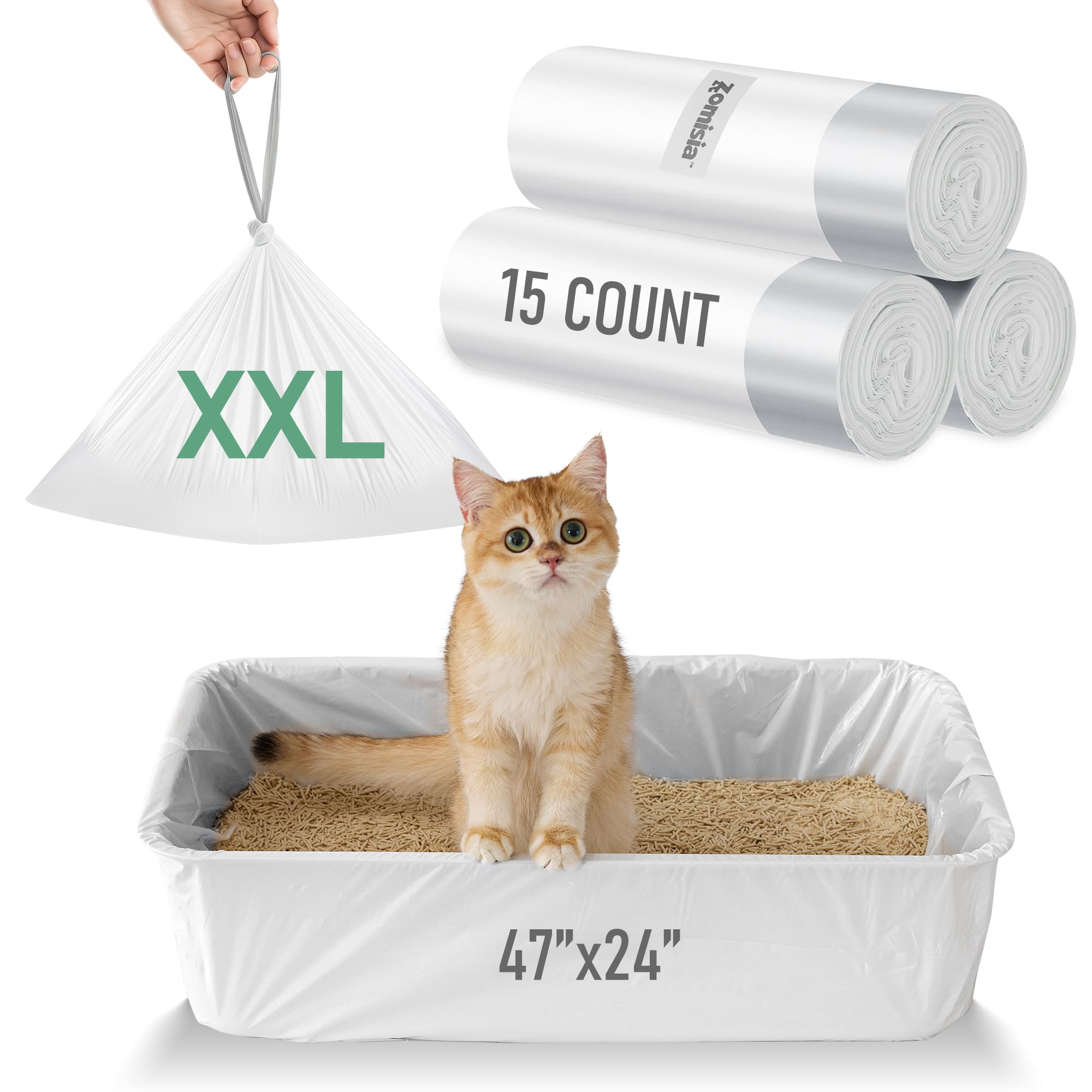 ZOMISIA sac-litière XXL 47x24, 15 sacs, s'adapte facilement aux bacs XXL.