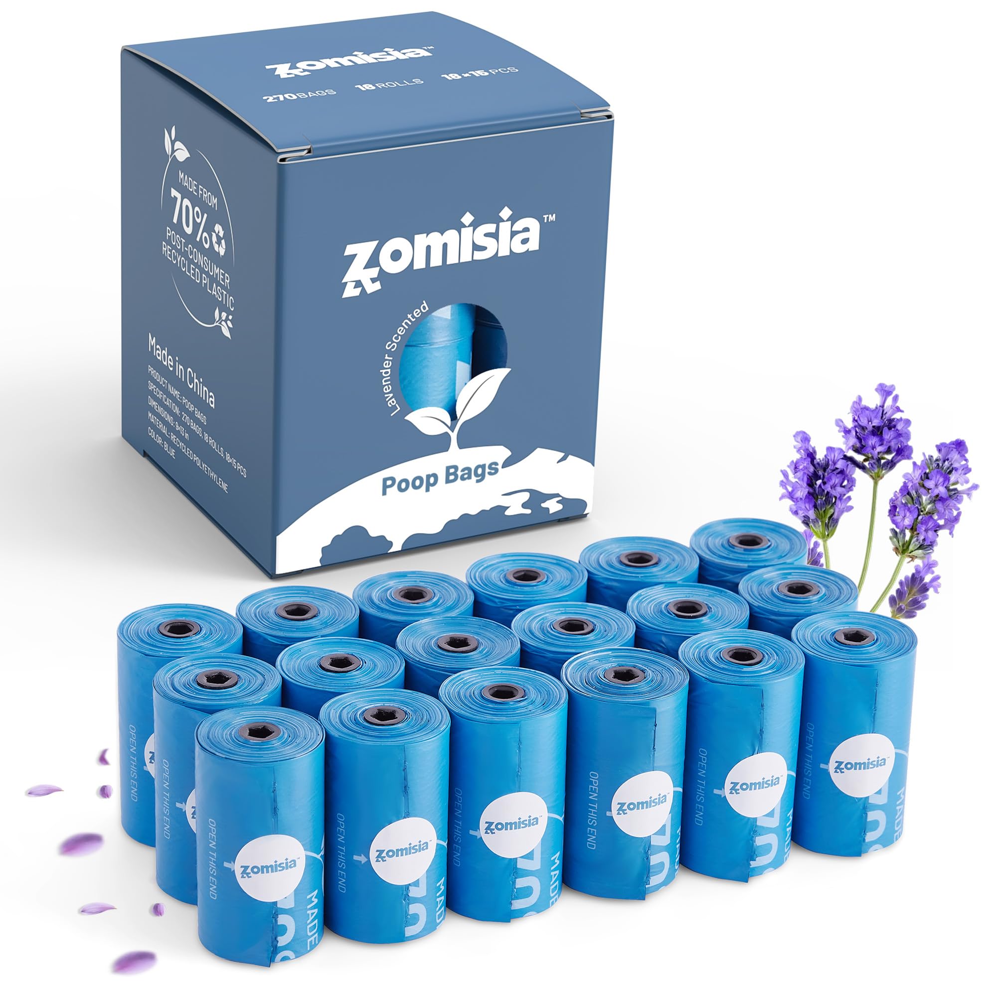 Sacs crottes ZOMISIA lavande sur rouleaux, pratique pour balades.
