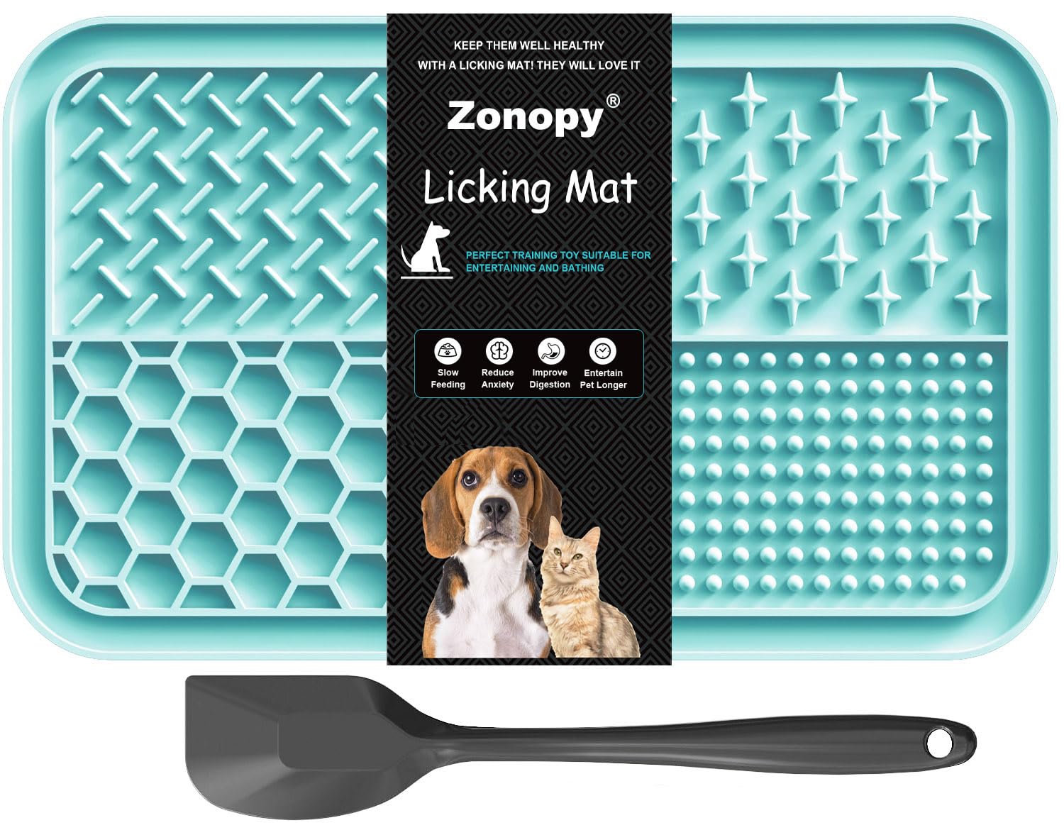 Tapis de léchage Zonopy pour chiens et chats, surfaces texturées pour déguster friandises calmement.