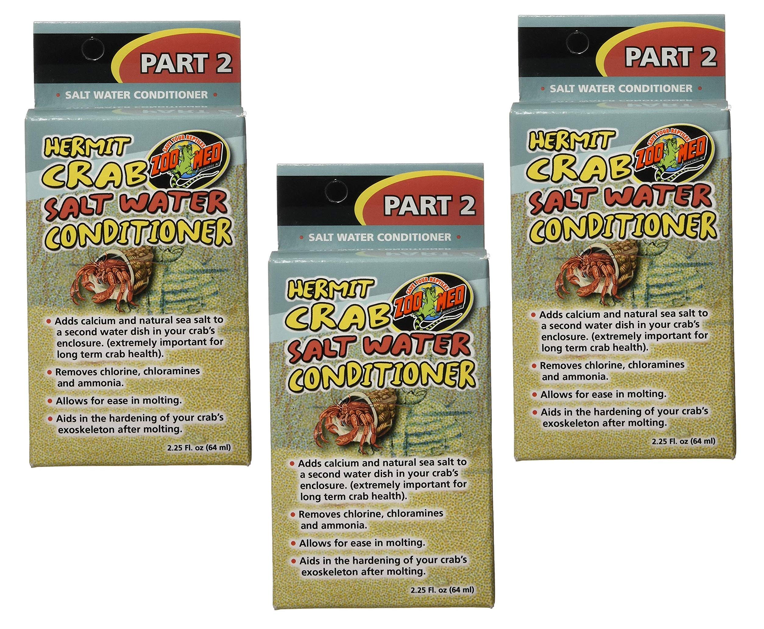 Zoo Med conditionneur d’eau salée pour crabe hermite en lot pratique de trois flacons.