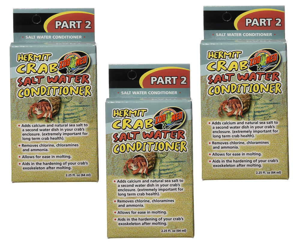 Zoo Med conditionneur d’eau salée pour crabe hermite en lot pratique de trois flacons.
