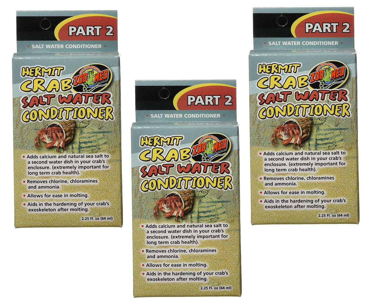 Zoo Med conditionneur d’eau salée pour crabe hermite en lot pratique de trois flacons.