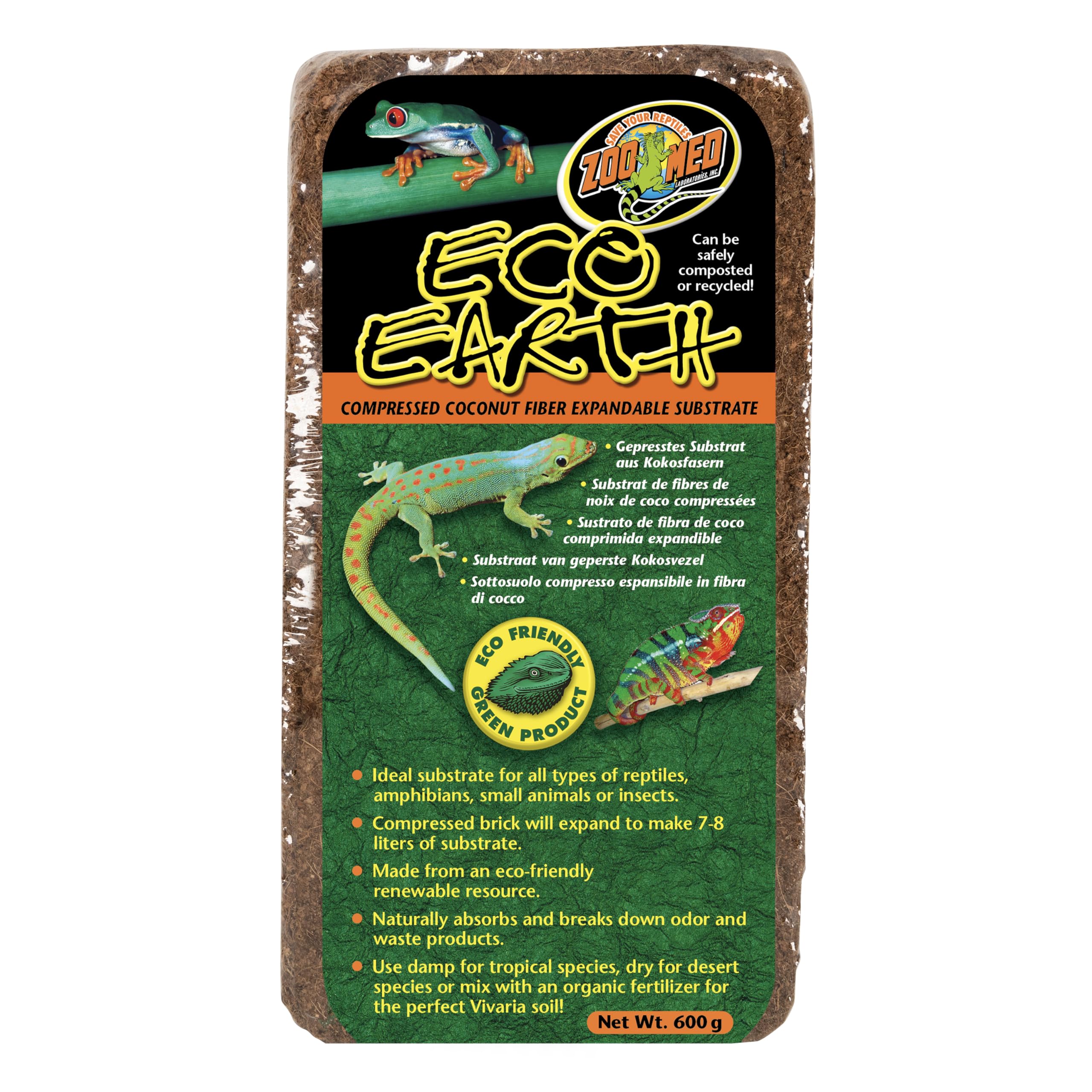 Zoo Med Eco Earth: bloc coco comprimé prêt à se déployer en substrat riche pour terrariums.