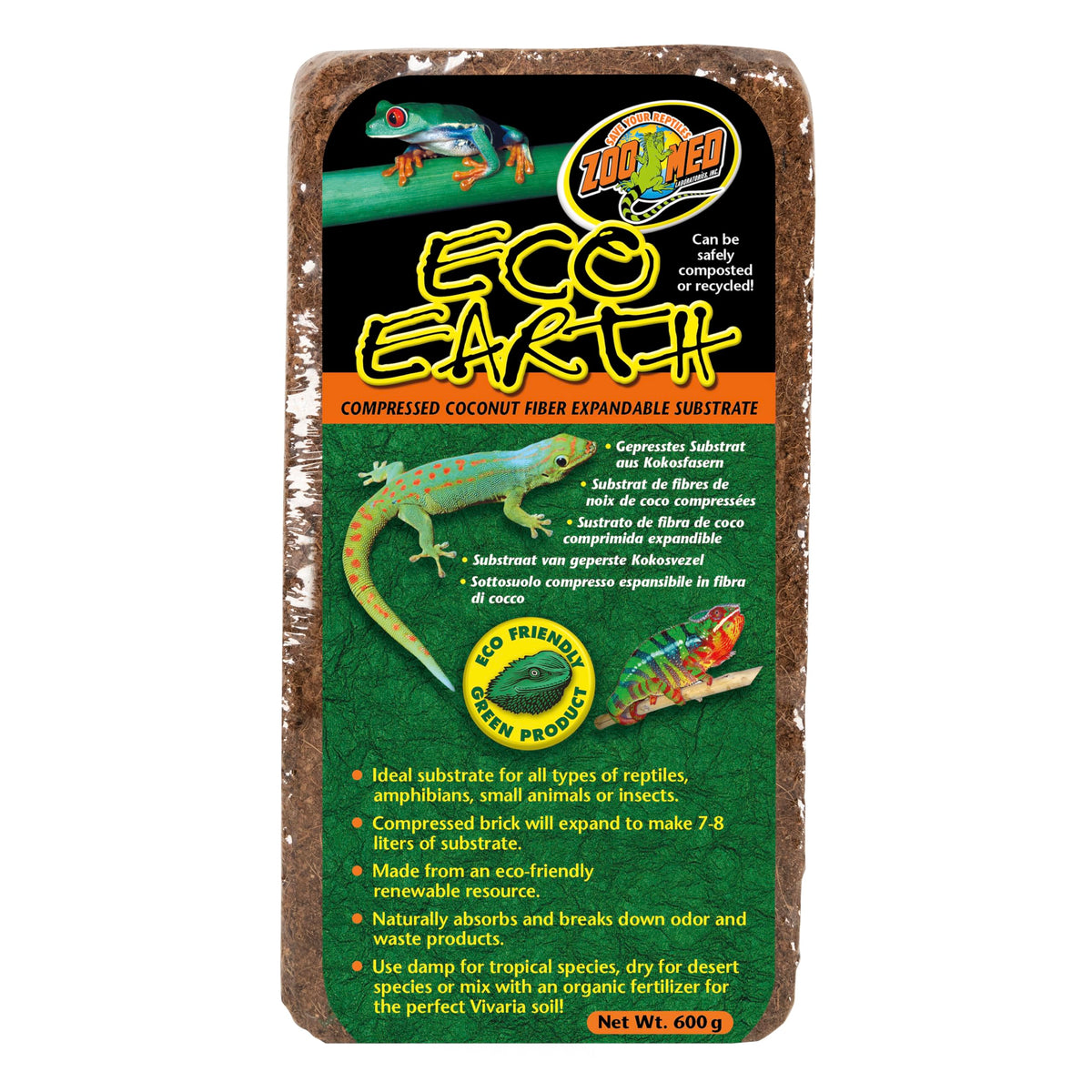 Zoo Med Eco Earth: bloc coco comprimé prêt à se déployer en substrat riche pour terrariums.