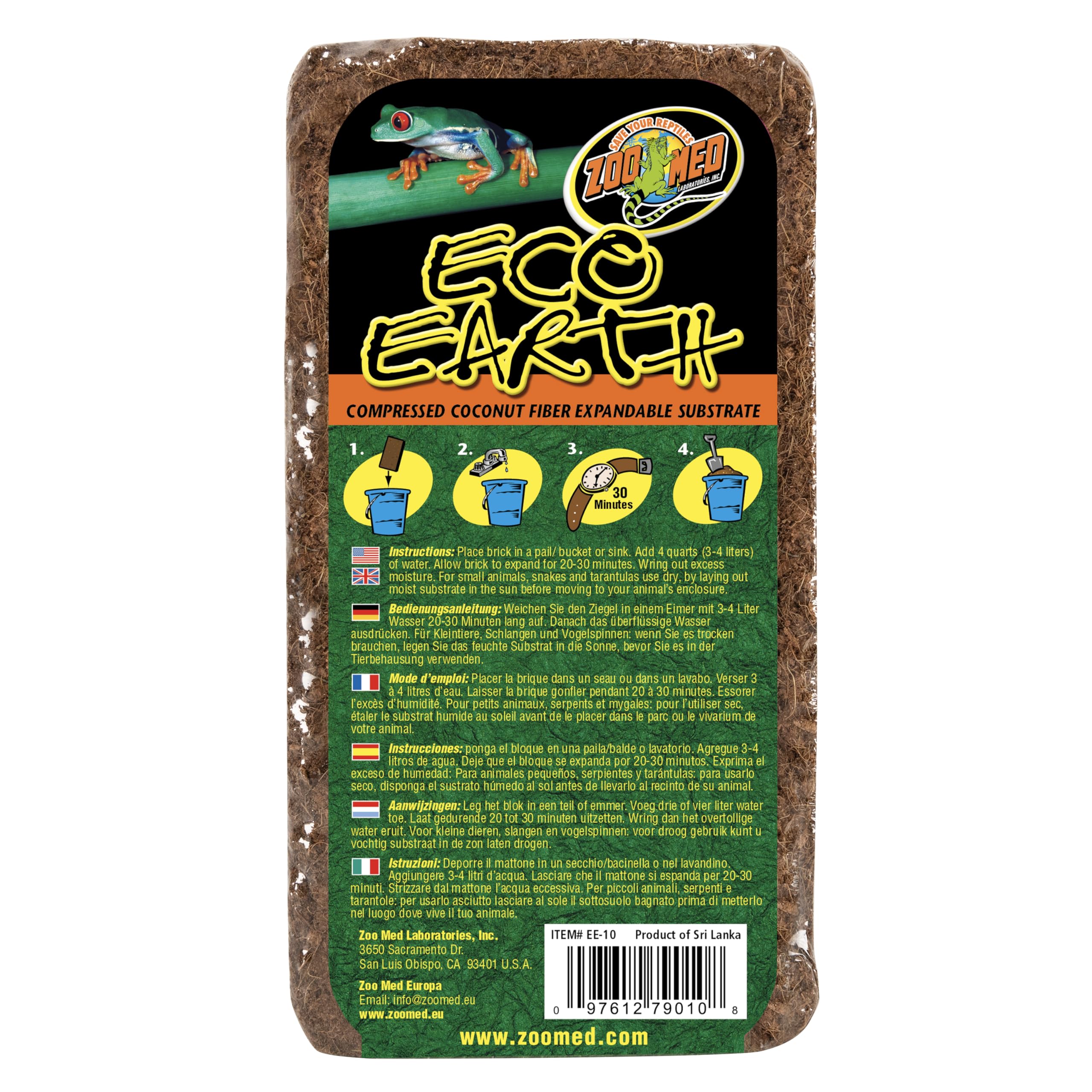 Zoo Med Eco Earth: substrat polyvalent pour reptiles et amphibiens, naturel et absorbant.