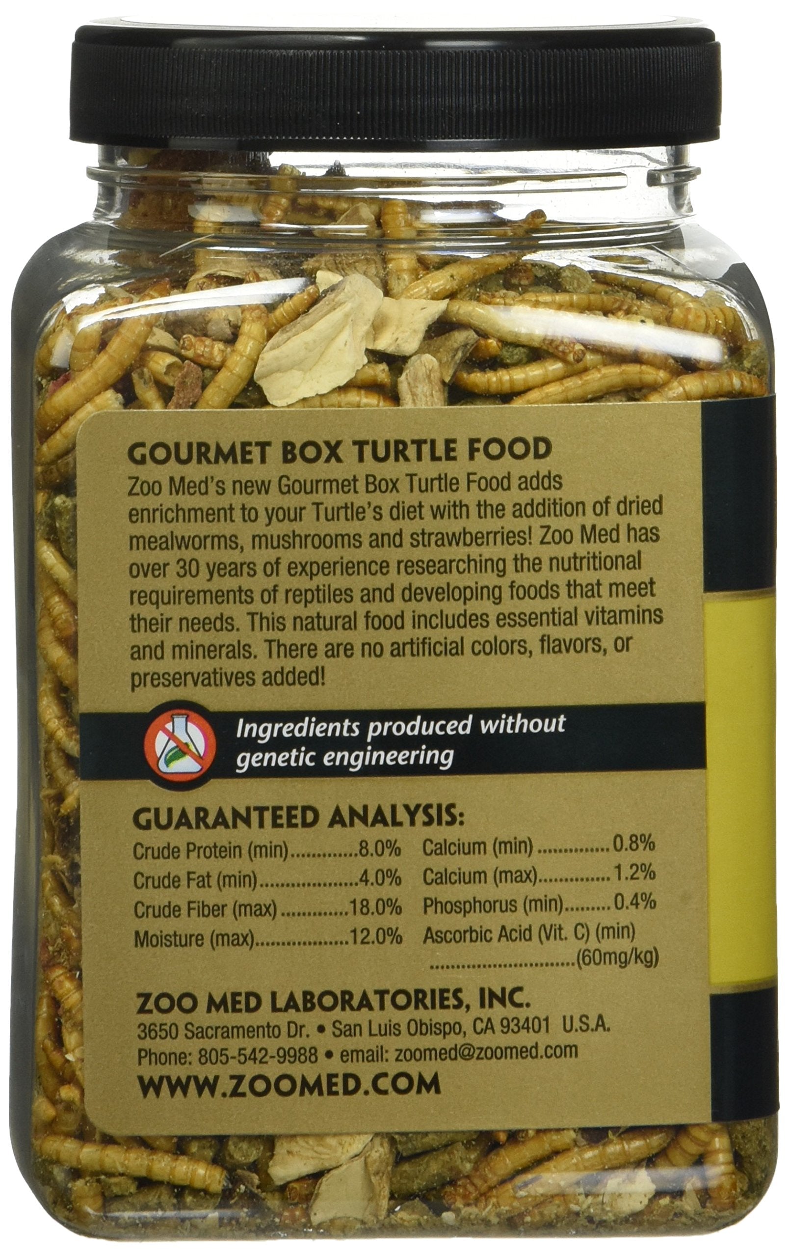 Zoo Med Gourmet Box Turtle Food – ingrédients séchés pour nutrition variée.
