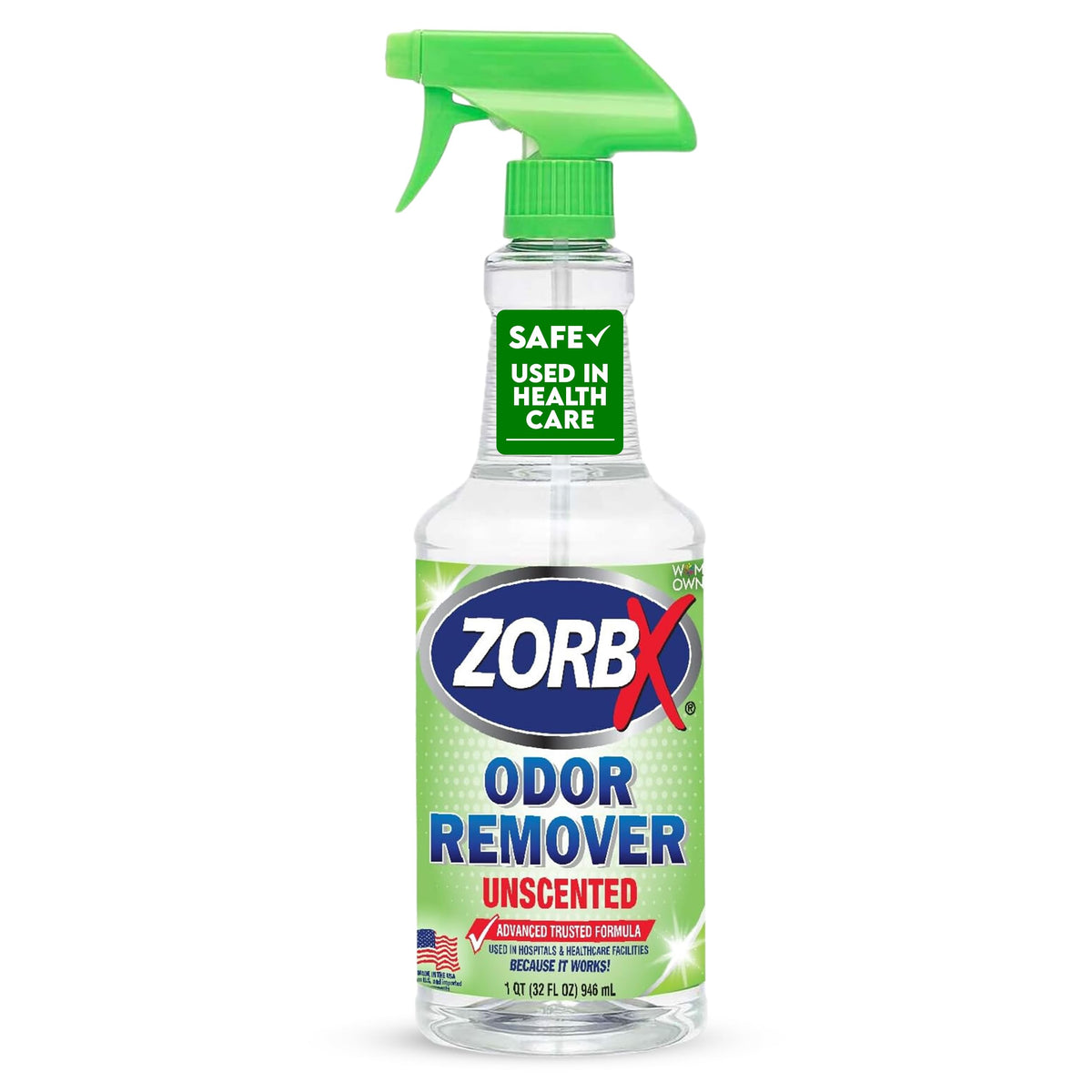 Désodorisant ZORBX sans parfum en flacon pulvérisateur neutralisant les odeurs.