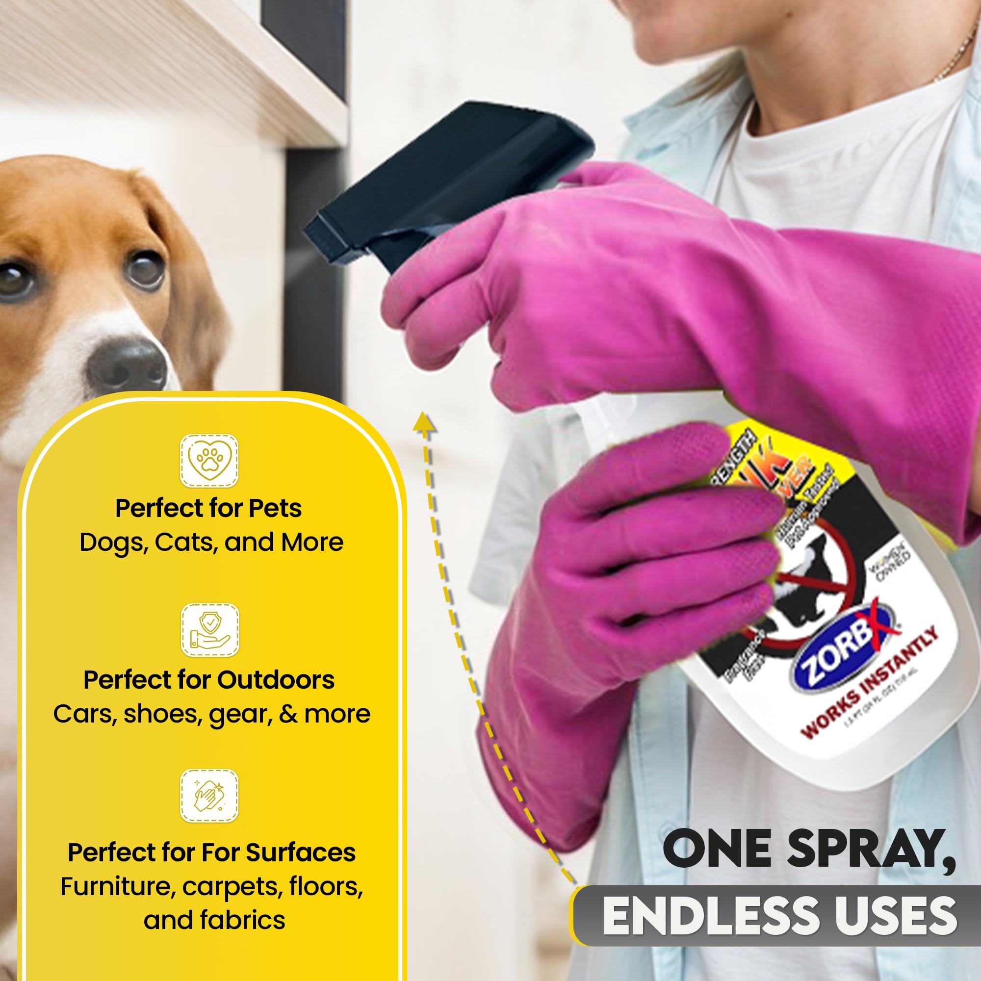 ZORBX élimination odeur mouffette rapide sur surfaces variées.