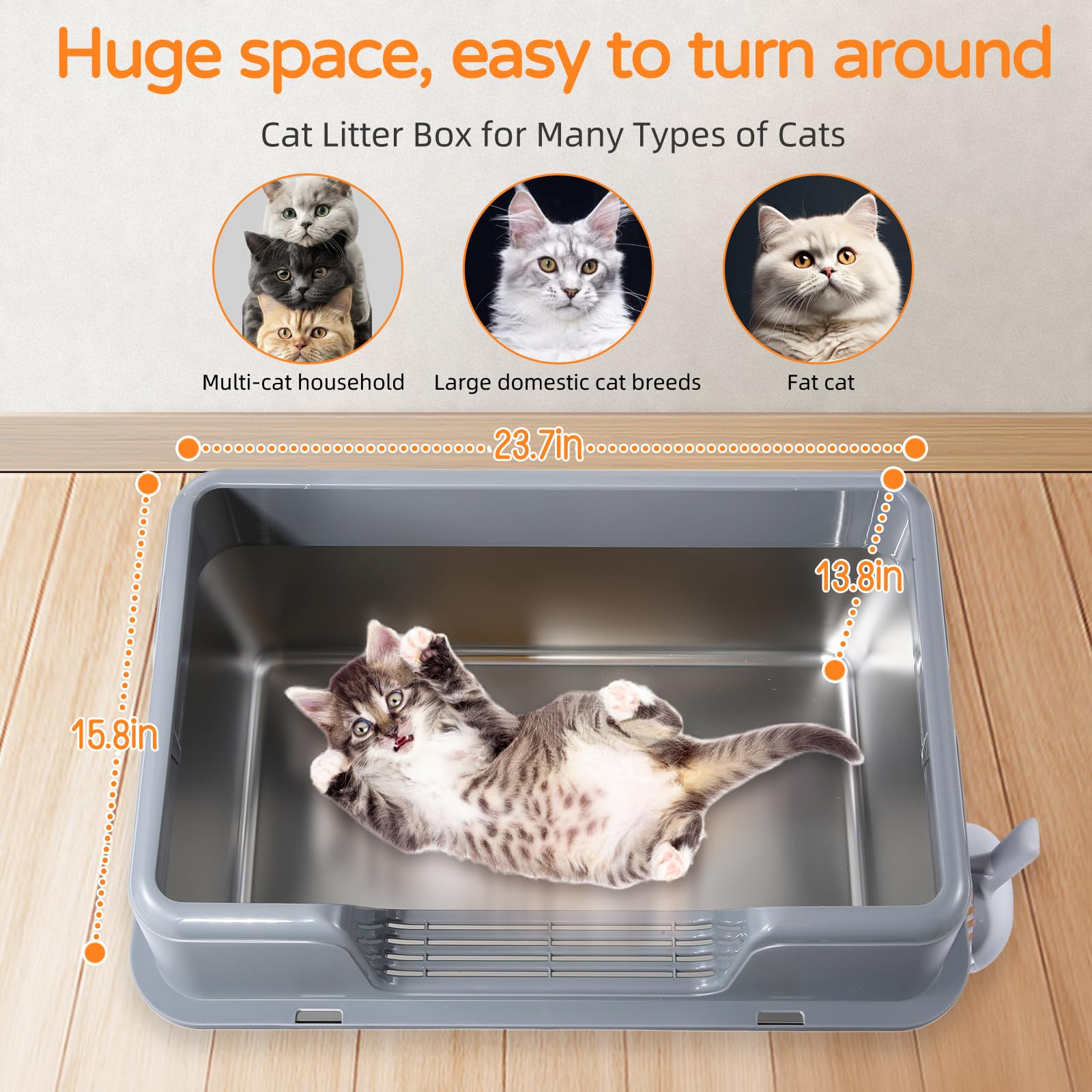 ZoZOO litière acier inoxydable, entrée latérale facilitant le mouvement du chat.