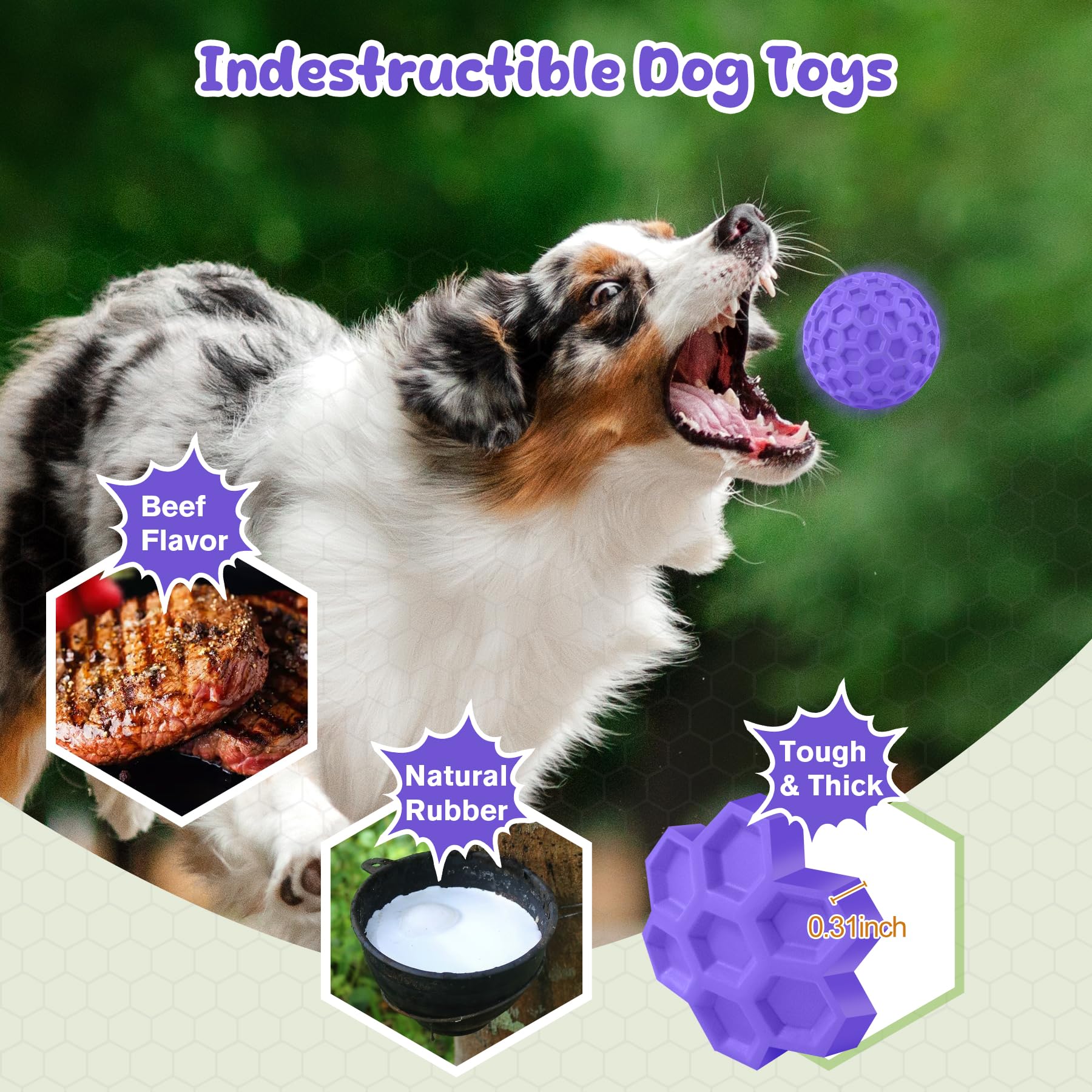 Balle jouet interactif ZRIFAQESW violette, surface confortable facilitant la prise et la mâchouille.