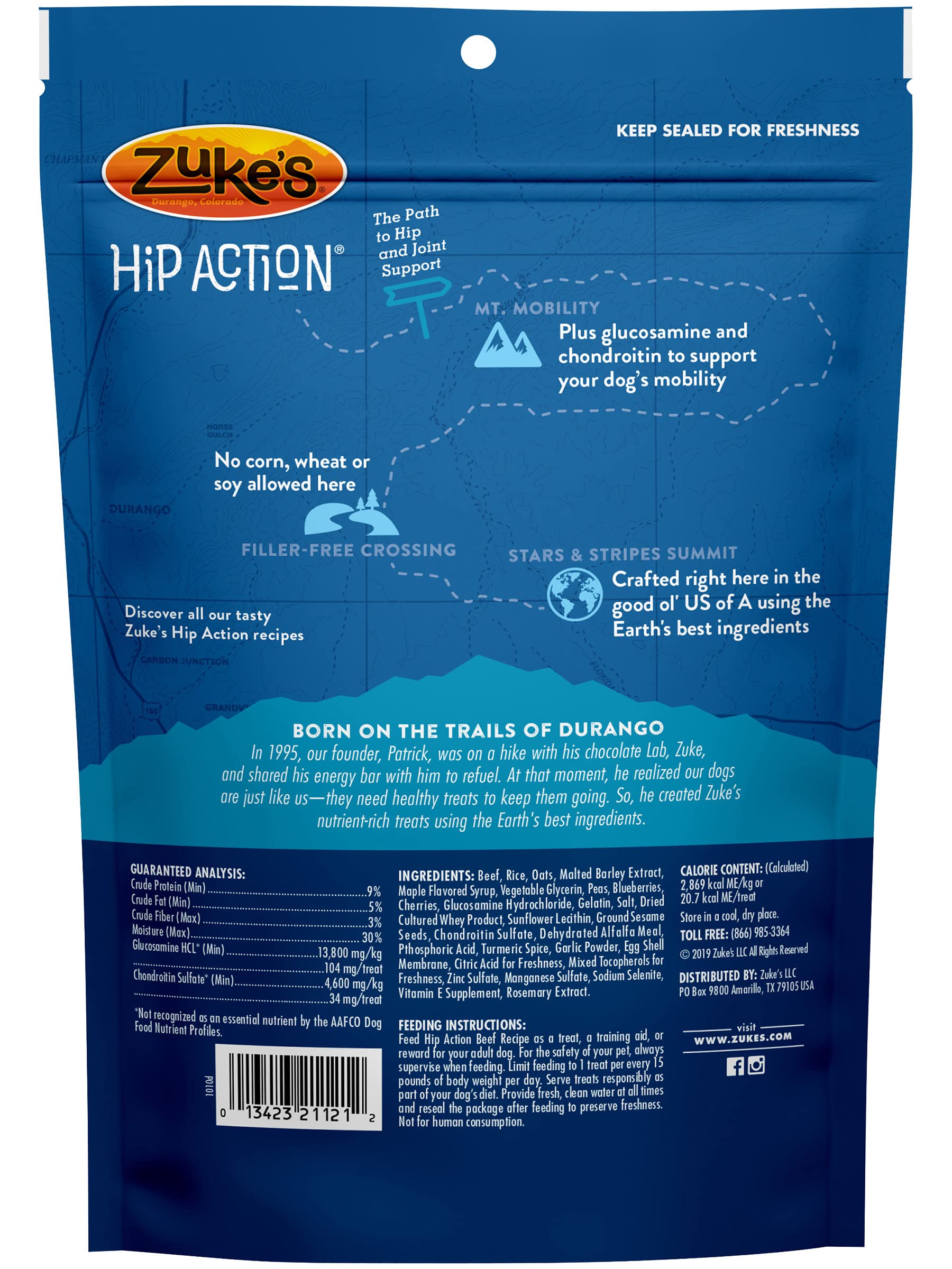 Zuke's Action Hanches et Articulations — ingrédients naturels visibles, appétence appréciée par les chiens.