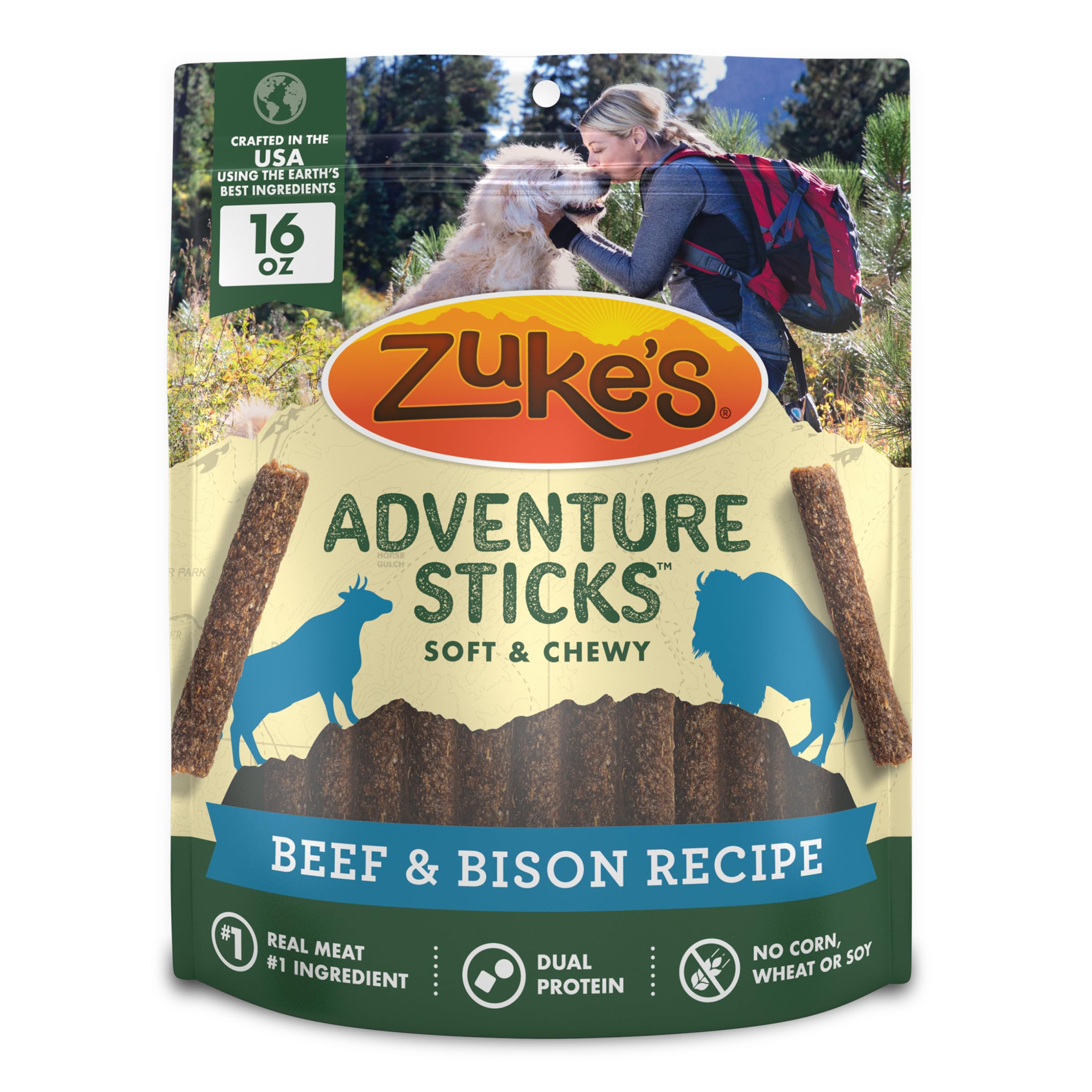 Bâtonnets Zuke’s Adventure au boeuf et bison, récompense tendre pour chiens actifs.