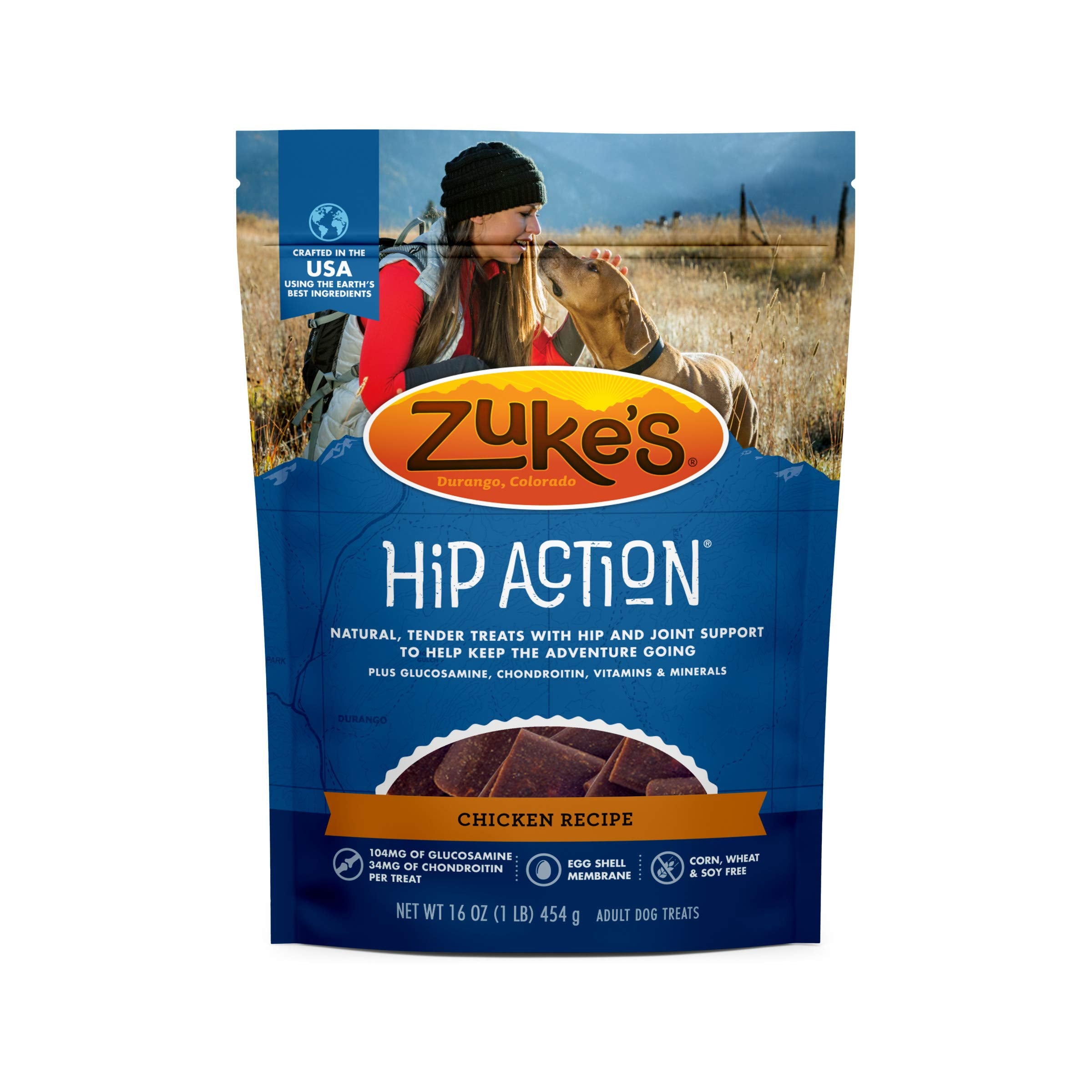 Zuke's Hip Action montre poulet premier ingrédient pour soutenir la mobilité.