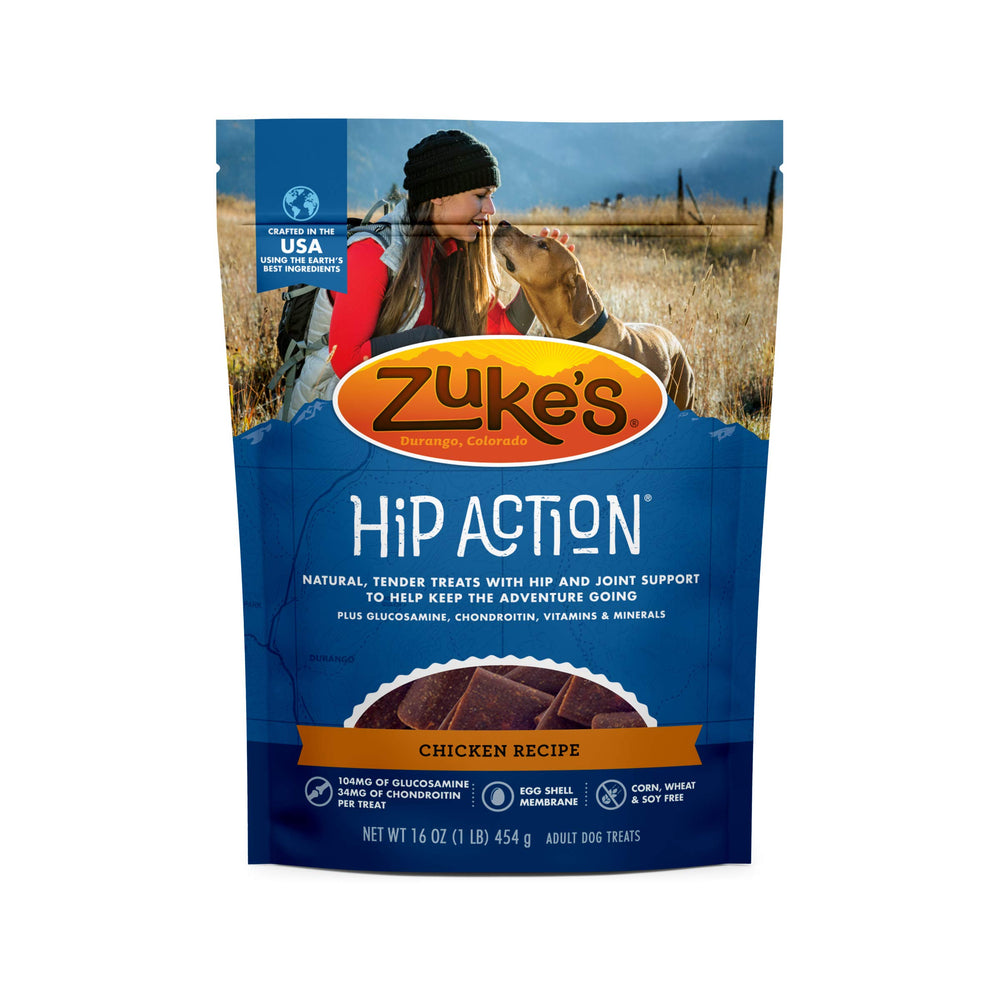 Zuke's Hip Action montre poulet premier ingrédient pour soutenir la mobilité.