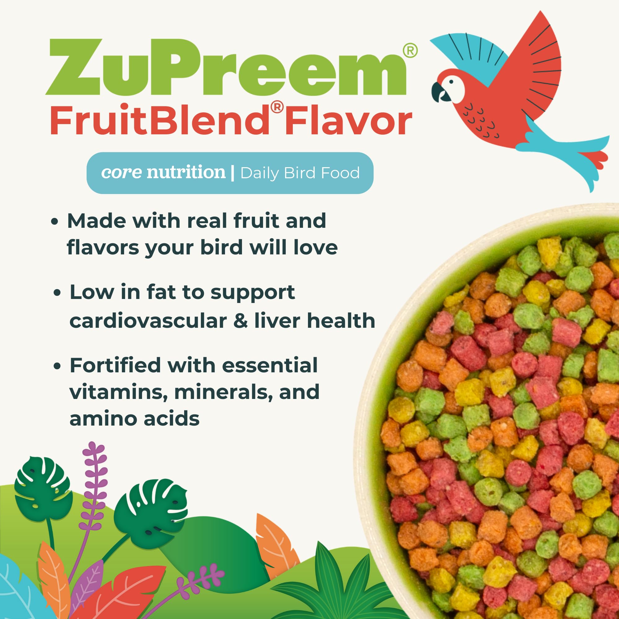 Céréales entières nord-américaines utilisées dans ZuPreem FruitBlend, base nutritionnelle.