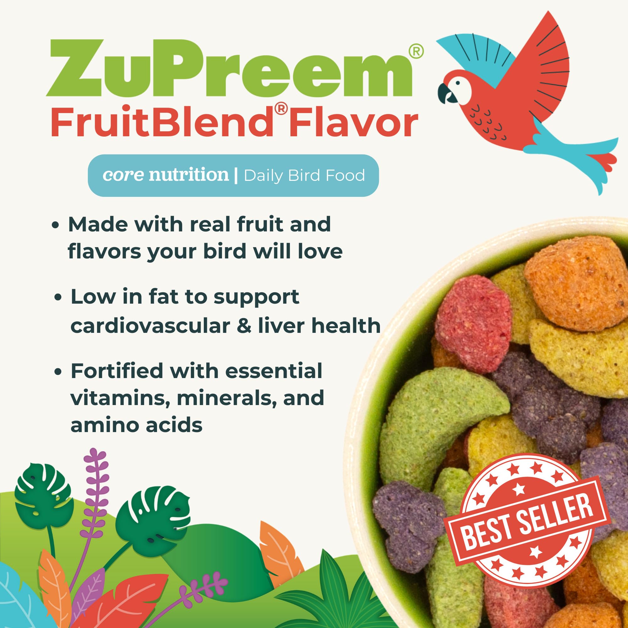 ZuPreem FruitBlend formes variées, encouragent des comportements de repas naturels.