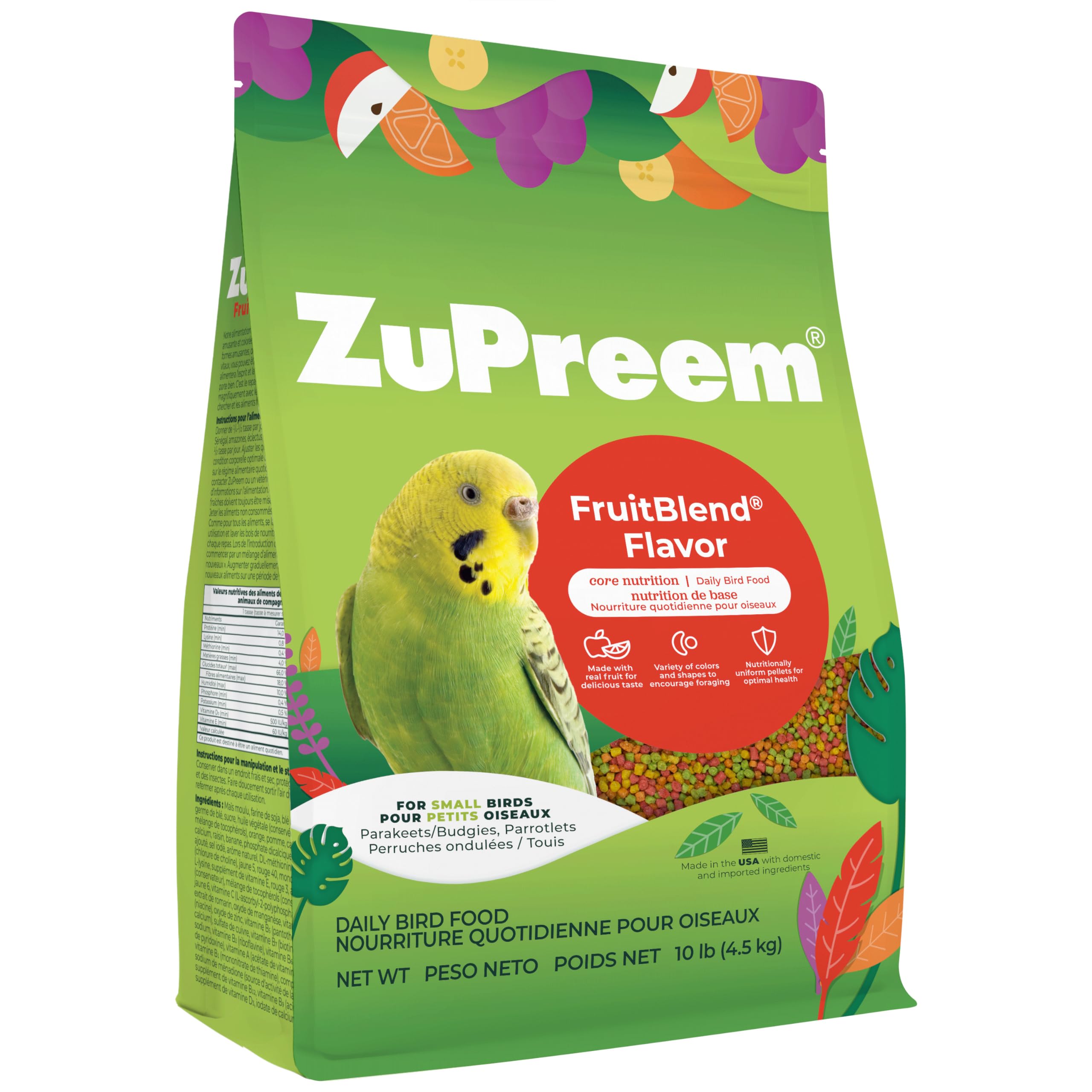 ZuPreem FruitBlend pellets fruits colorés pour petits oiseaux et plaisir alimentaire.
