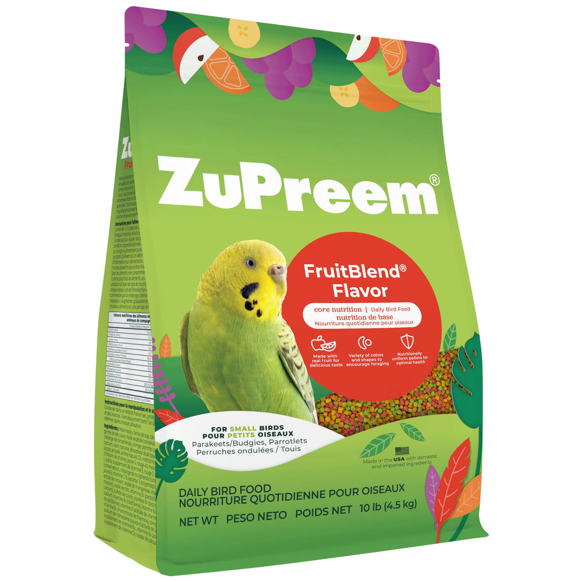 ZuPreem FruitBlend pellets fruits colorés pour petits oiseaux et plaisir alimentaire.