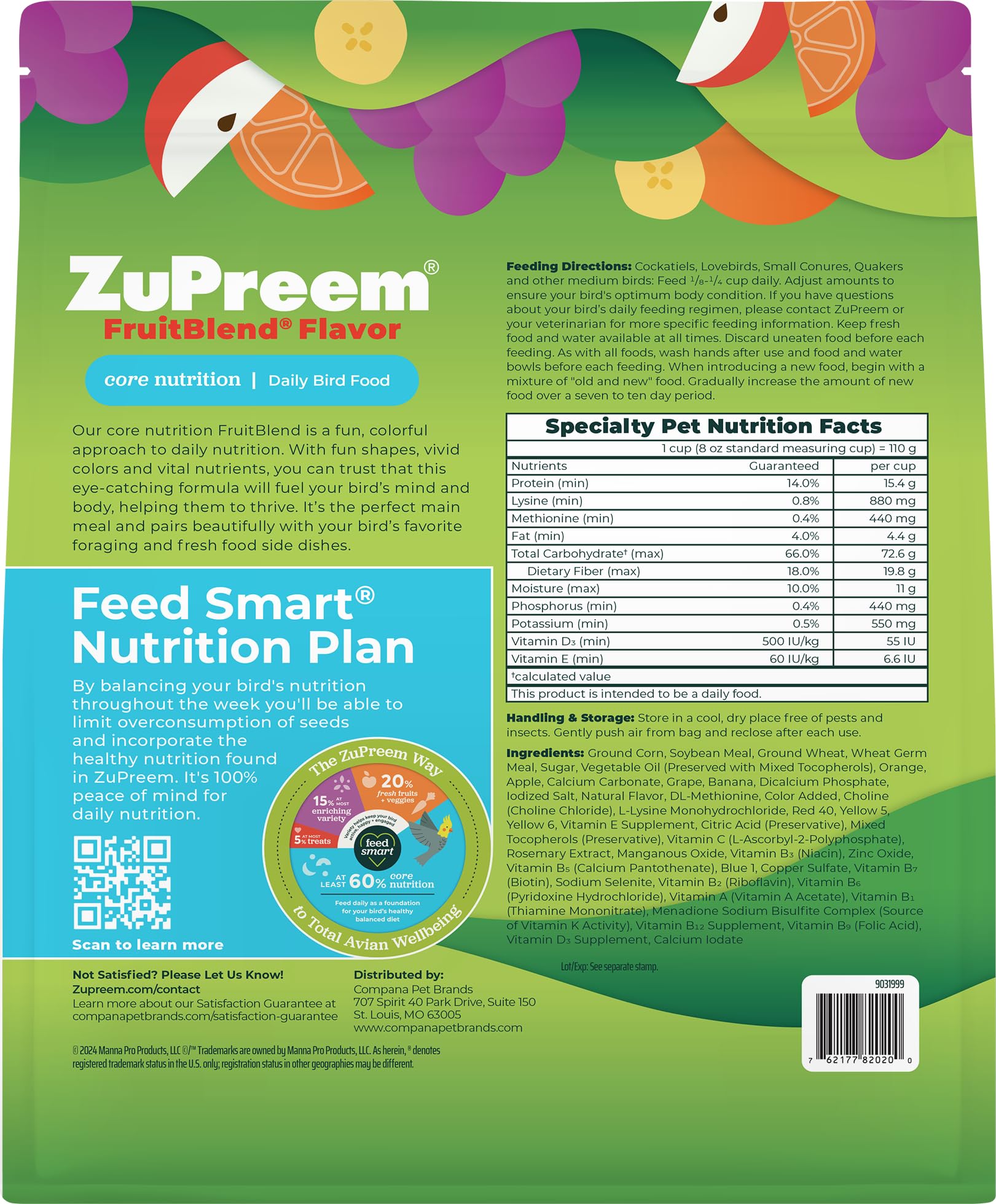 ZuPreem FruitBlend Pellets grains entiers et fruits colorés.