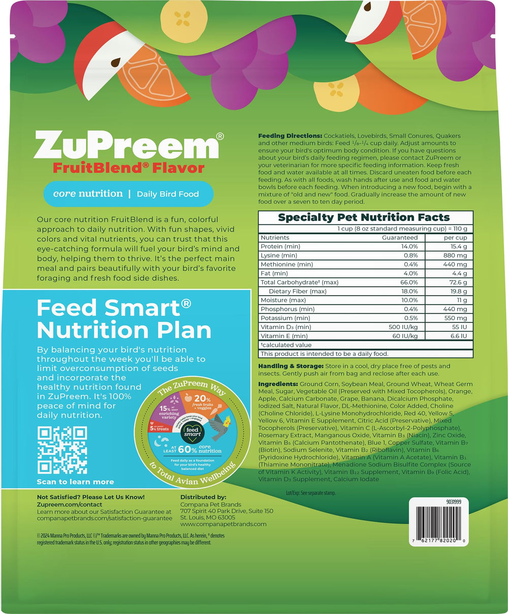 ZuPreem FruitBlend Pellets grains entiers et fruits colorés.